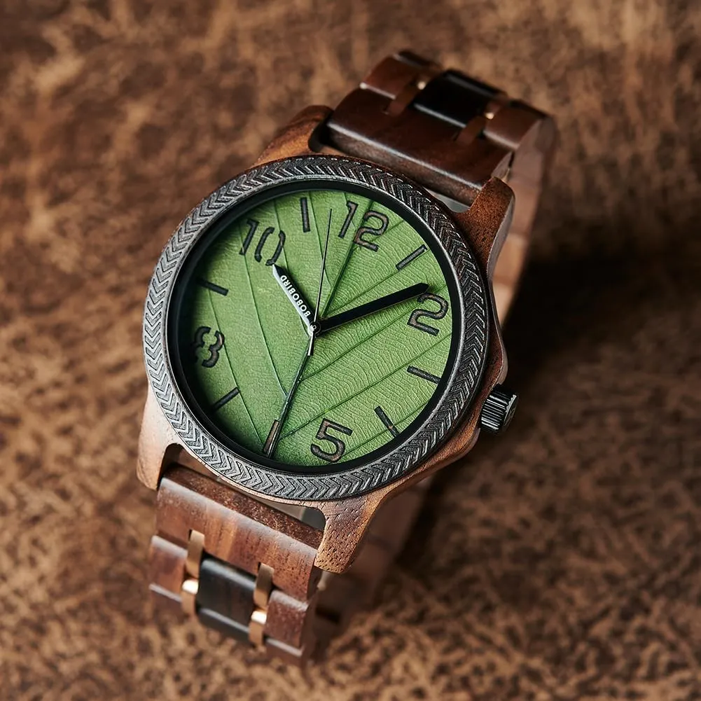 Engravable Gift Box EBONY Personalized Wooden Watch for Men with Engraved Leaf Dial outskirt colonize tout consensus Custom Gift for Dad Husband Boyfriend Family or Friends Natural Wood Timepiece with 