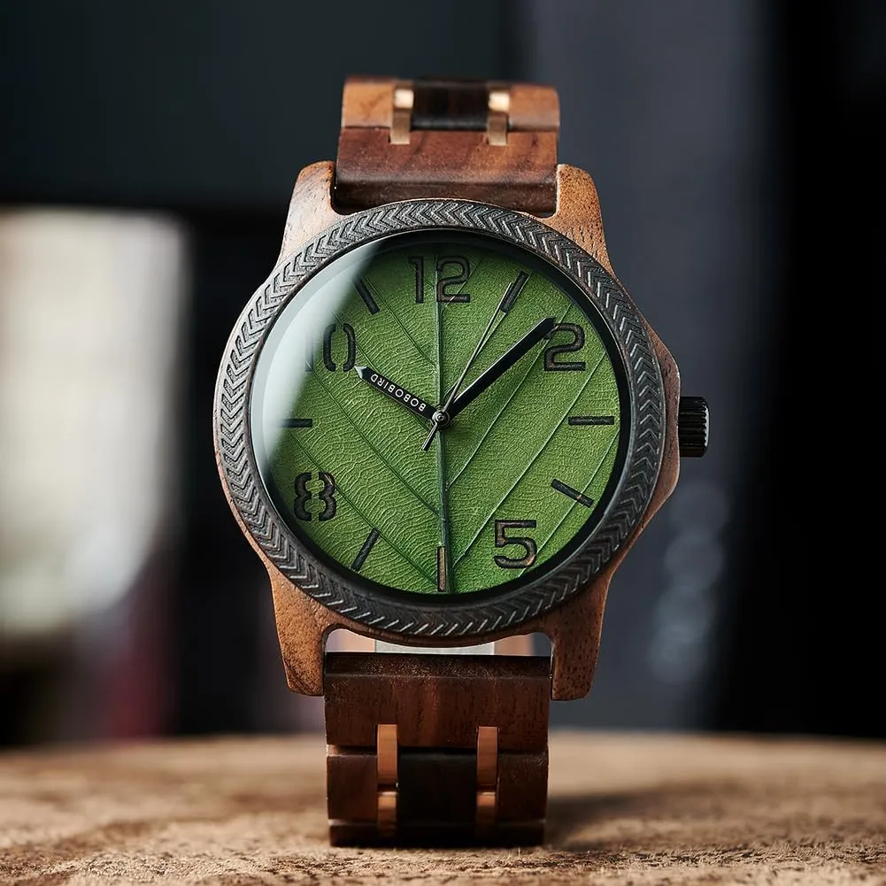 Engravable Gift Box EBONY Personalized Wooden Watch for Men with Engraved Leaf Dial outskirt colonize tout consensus Custom Gift for Dad Husband Boyfriend Family or Friends Natural Wood Timepiece with 