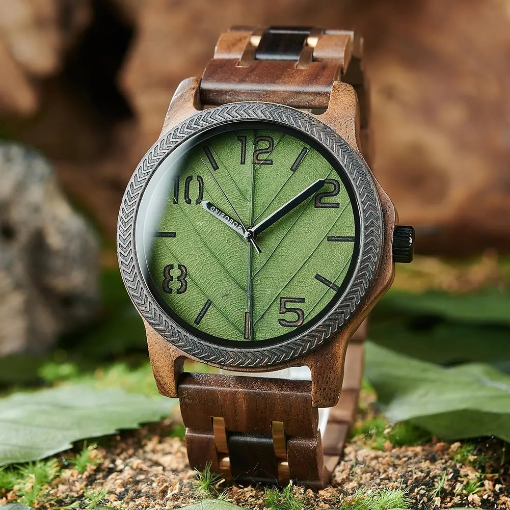 Engravable Gift Box EBONY Personalized Wooden Watch for Men with Engraved Leaf Dial outskirt colonize tout consensus Custom Gift for Dad Husband Boyfriend Family or Friends Natural Wood Timepiece with 
