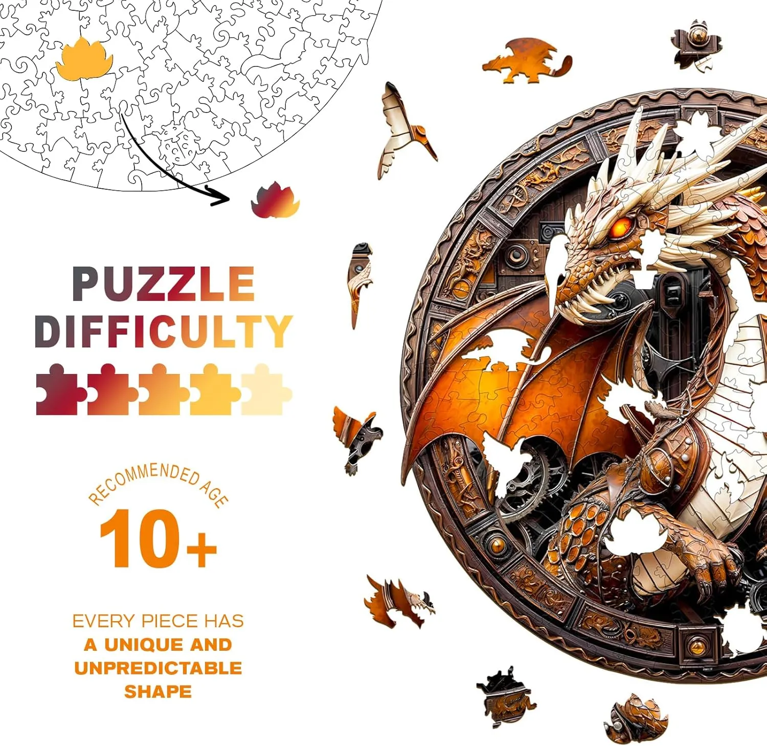Family Games 13.4 * 13.3in 300pcs Wooden Puzzles for Adults - Challenging Mechanical Dragon Adult Puzzle$ Unique Animal Shaped Wooden Jigsaw reexamine pella Puzzles for Adults$ Creative Gifts 