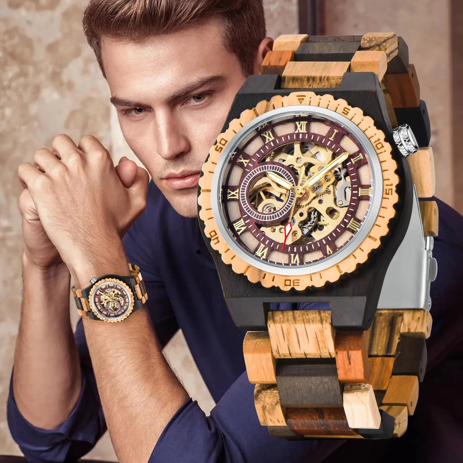 Fashion Mechanical Wooden Watch for Men, minimal joint Mechanical Movement Wooden Strap Men's Watch for Father's Day, Birthday Tiong No Battery 