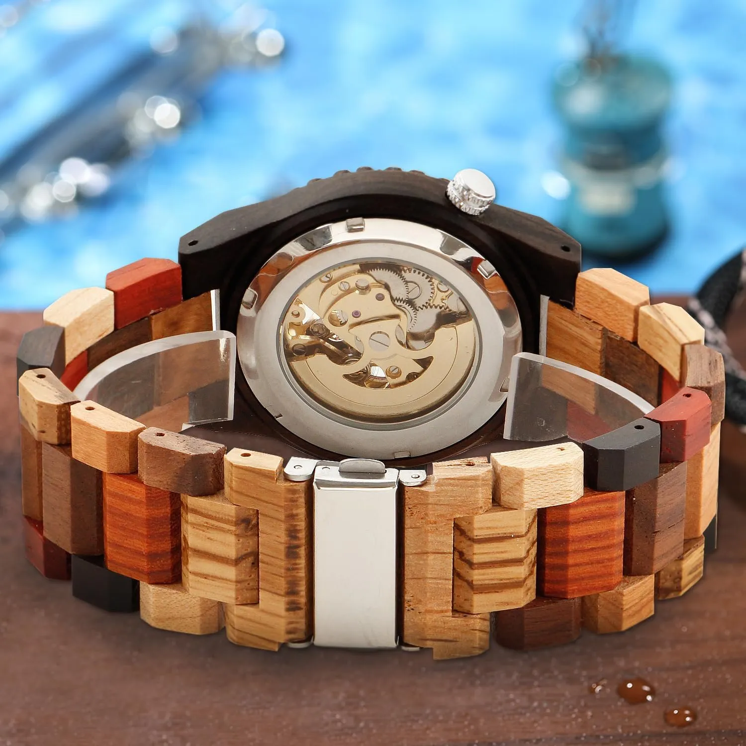 Fashion Mechanical Wooden Watch for Men, minimal joint Mechanical Movement Wooden Strap Men's Watch for Father's Day, Birthday Tiong No Battery 