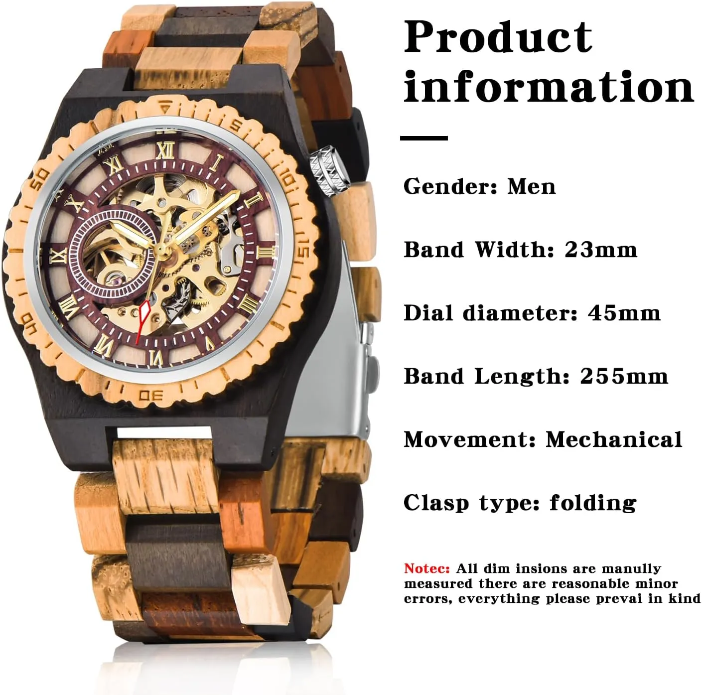 Fashion Mechanical Wooden Watch for Men, minimal joint Mechanical Movement Wooden Strap Men's Watch for Father's Day, Birthday Tiong No Battery 