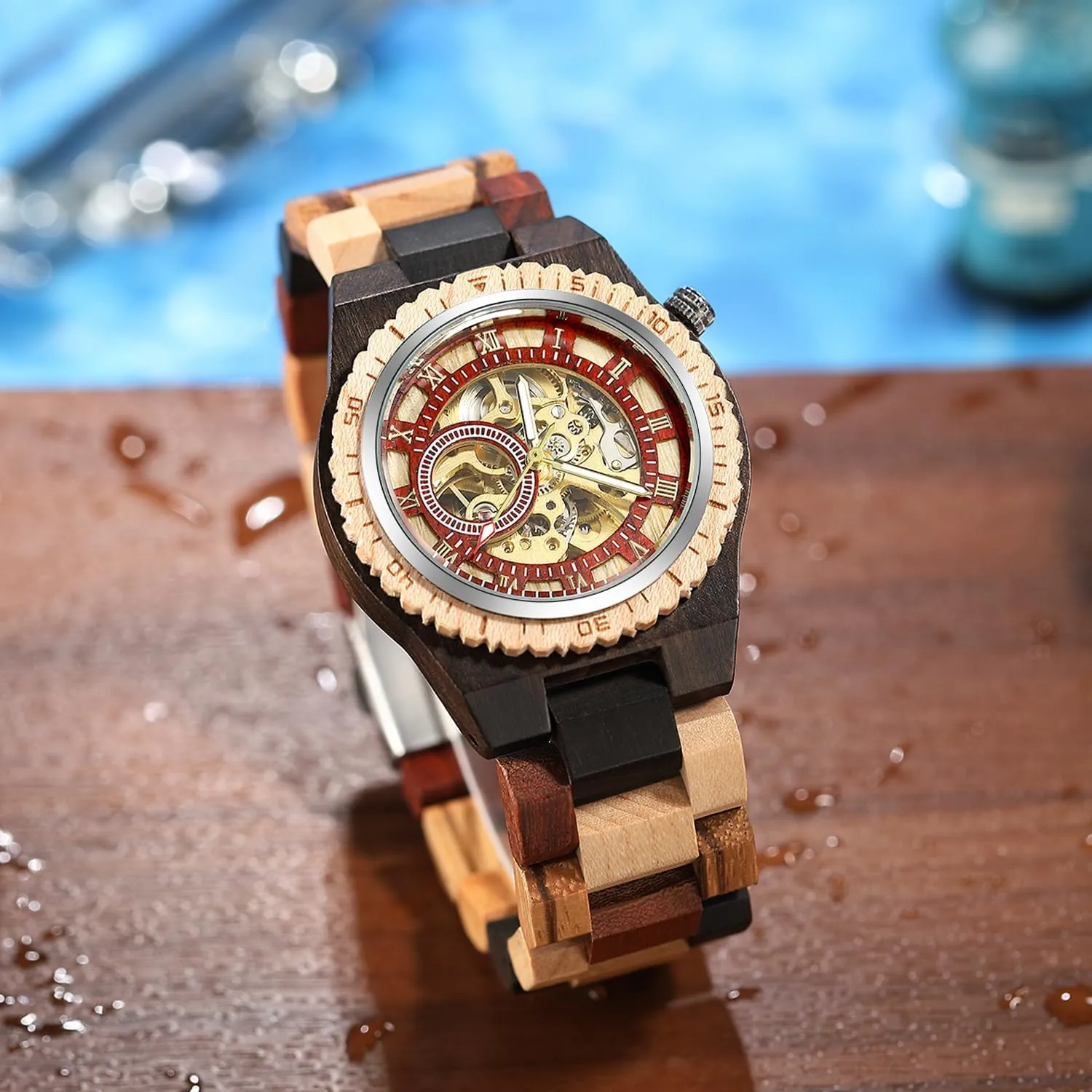 Fashion Mechanical Wooden Watch for Men, minimal joint Mechanical Movement Wooden Strap Men's Watch for Father's Day, Birthday Tiong No Battery 