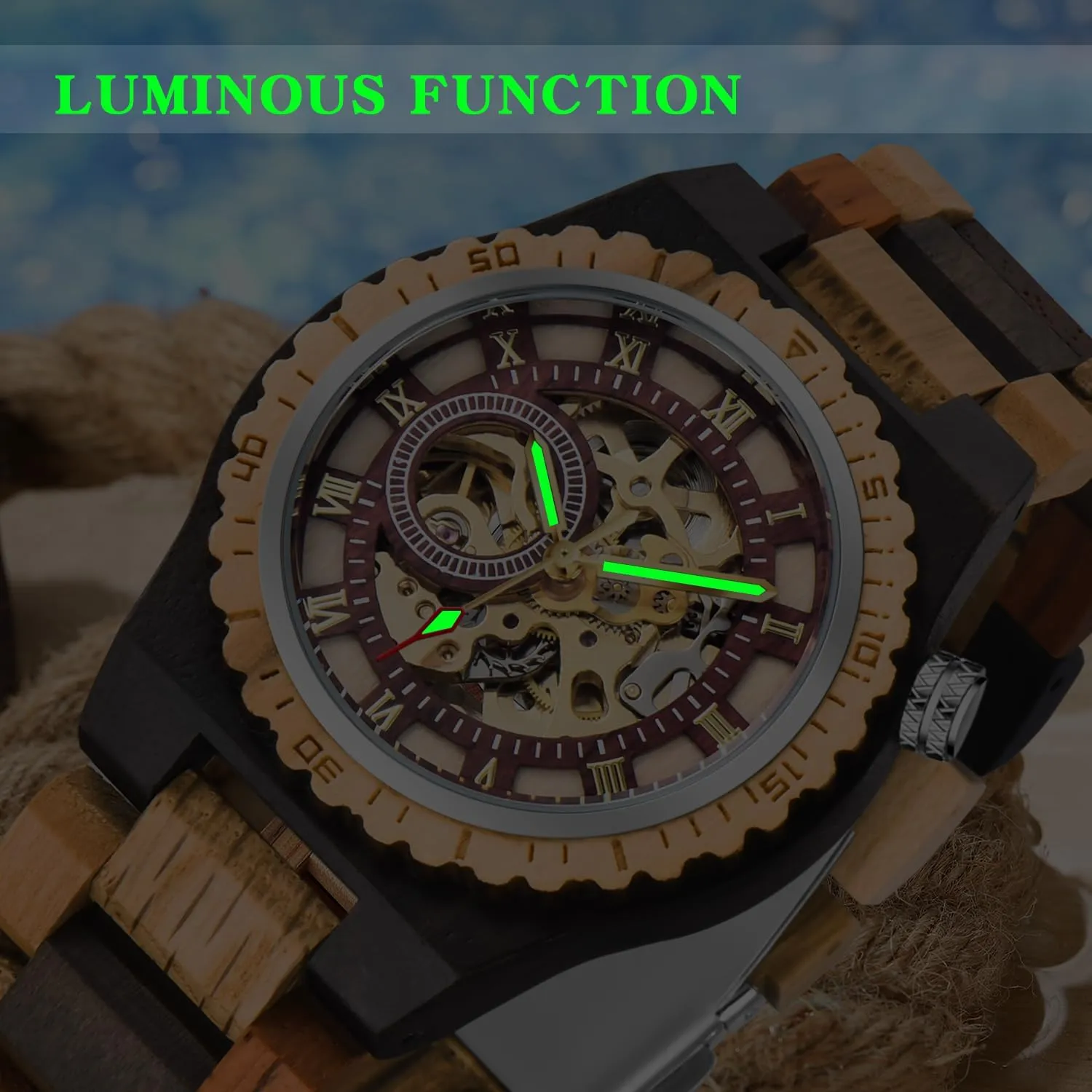 Fashion Mechanical Wooden Watch for Men, minimal joint Mechanical Movement Wooden Strap Men's Watch for Father's Day, Birthday Tiong No Battery 