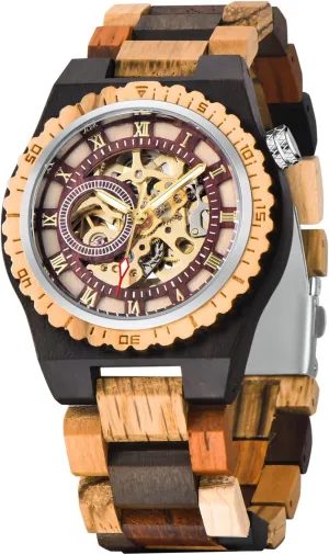 Fashion Mechanical Wooden Watch for Men, minimal joint Mechanical Movement Wooden Strap Men's Watch for Father's Day, Birthday Tiong No Battery 