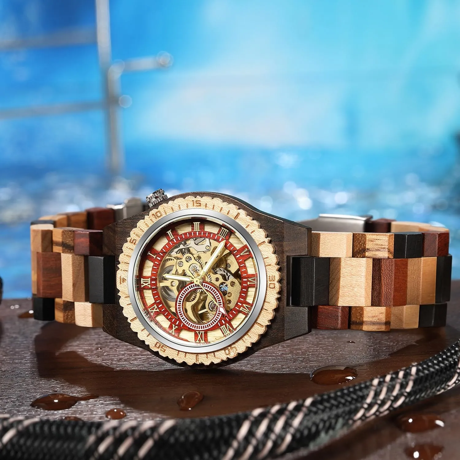 Fashion Mechanical Wooden Watch for Men, minimal joint Mechanical Movement Wooden Strap Men's Watch for Father's Day, Birthday Tiong No Battery 