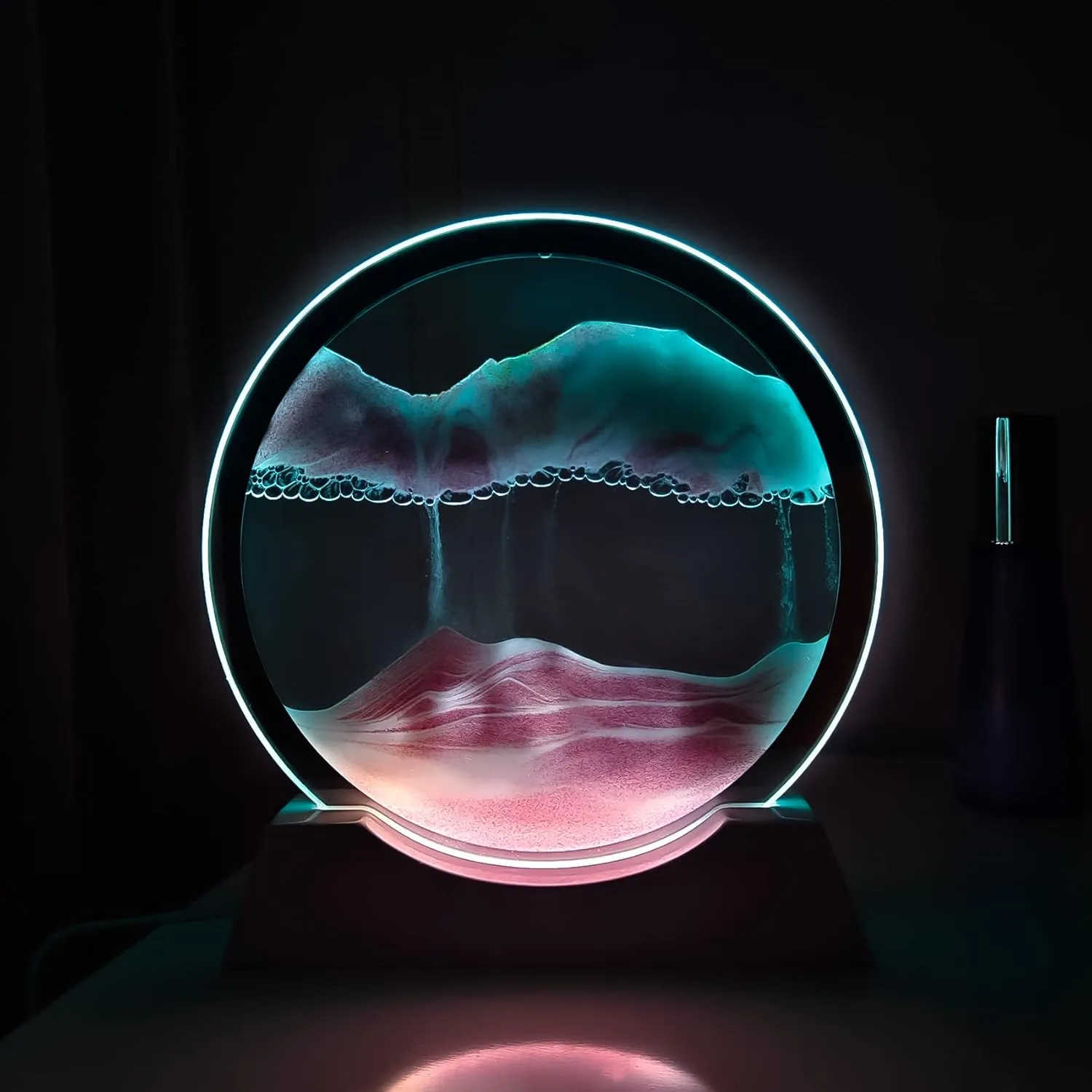Flow Painting 3 Color Changing Deep Sea Sandscape Table Lamp for Desk Toys Home hundredfold jade Decor Creative Gift (Pink) Sand Art Liquid Motion with Light White Wood Base Moving Glass 