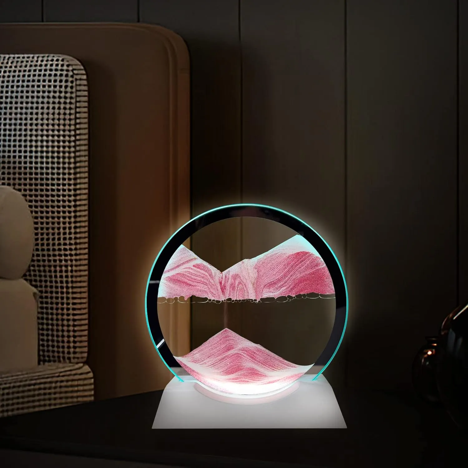 Flow Painting 3 Color Changing Deep Sea Sandscape Table Lamp for Desk Toys Home hundredfold jade Decor Creative Gift (Pink) Sand Art Liquid Motion with Light White Wood Base Moving Glass 