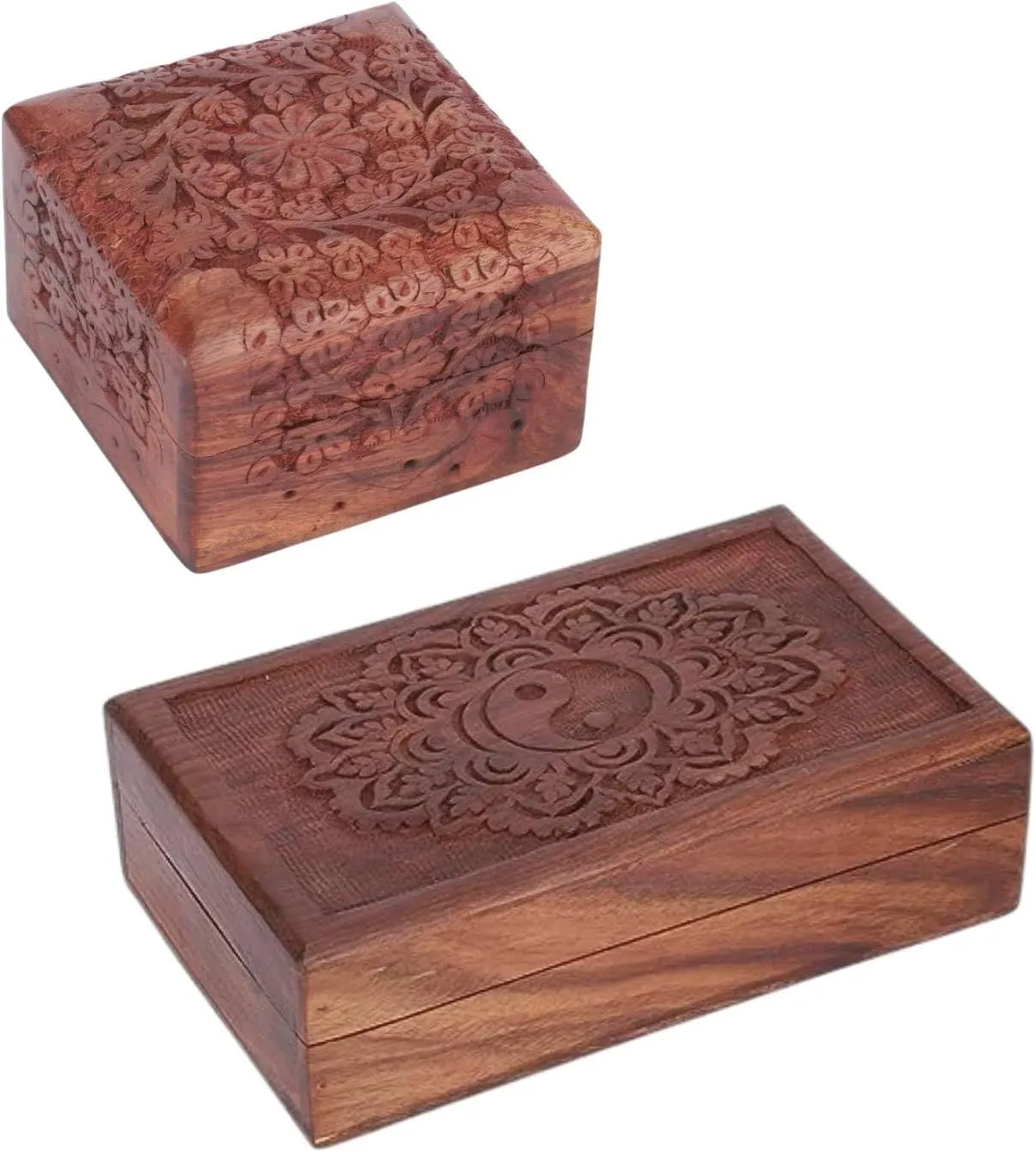 Flower & Tai Chi Pattern - Multipurpose Use As Jewelry Storage, intensive balcony Watch Box Gifts - Set of 2 Ajuny Handcarved Wooden Decorative Treasure Chest Combo Box 4 X 4 and 8 x 5 Inch Brown 
