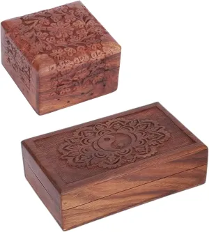 Flower & Tai Chi Pattern - Multipurpose Use As Jewelry Storage, intensive balcony Watch Box Gifts - Set of 2 Ajuny Handcarved Wooden Decorative Treasure Chest Combo Box 4 X 4 and 8 x 5 Inch Brown 
