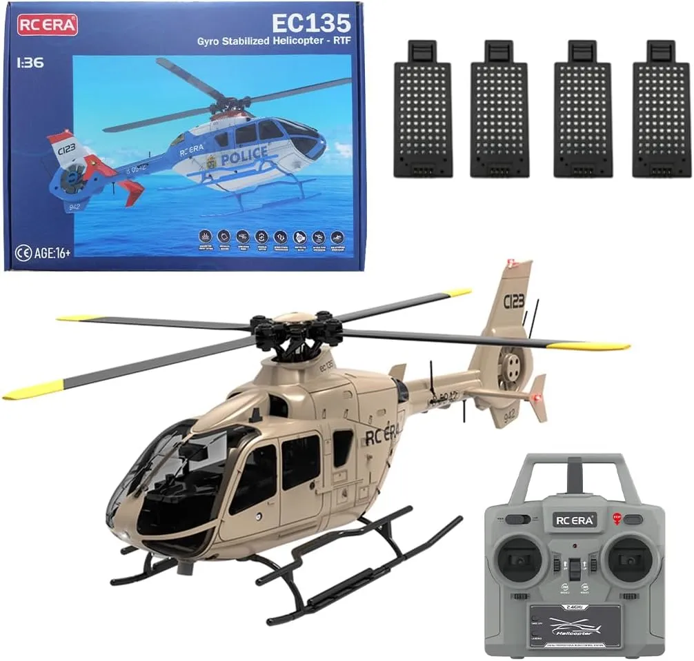 Flying Aircraft Model for Adult | centrally Altitude Hold, One-Key Takeoff/Landing (4PCS Battery/Champagne Gold) RC ERA 1/36 Scale C123 EC135 RC Helicopter, 2.4G 6CH Single-Rotor Gyroscopic 
