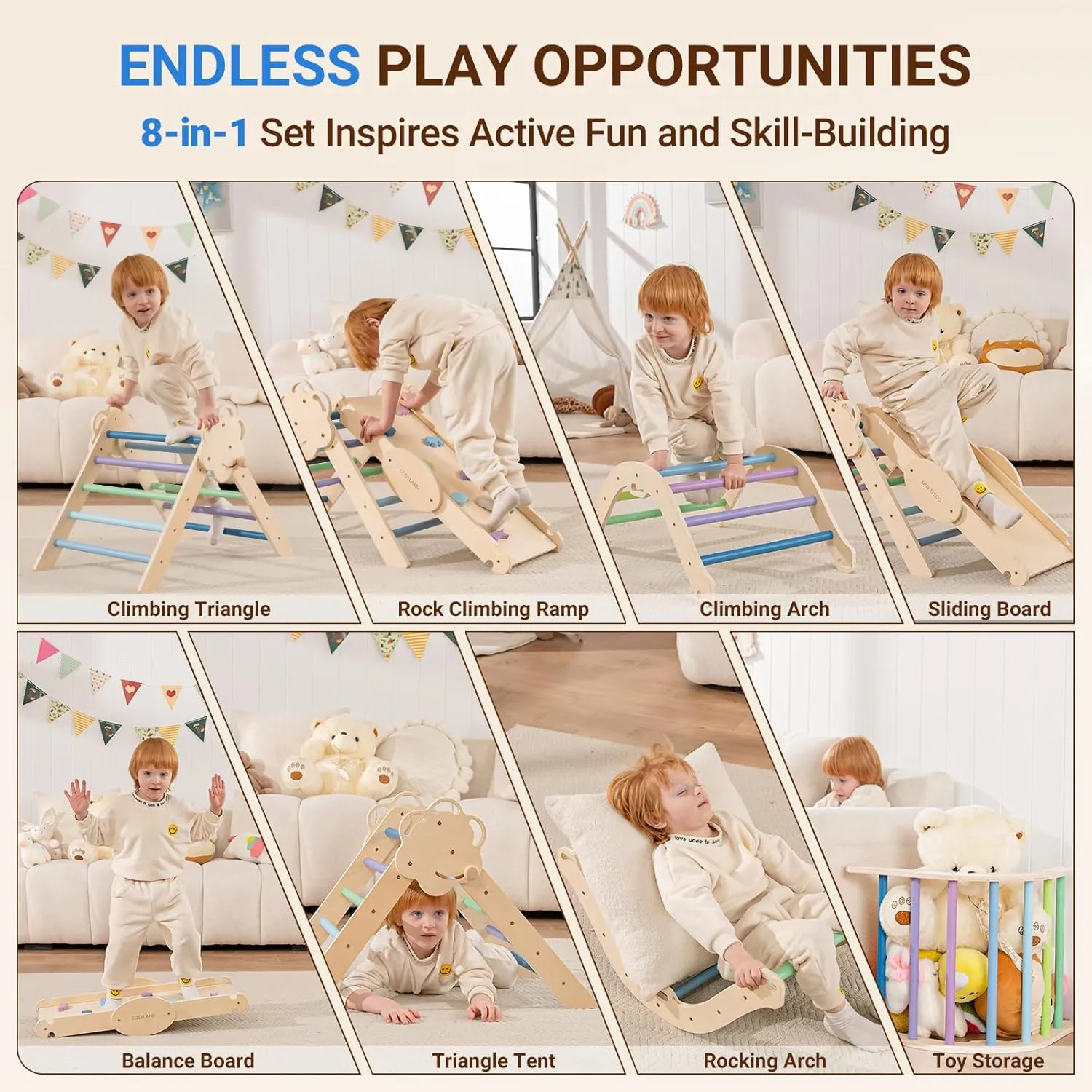 Foldable Wooden Indoor Jungle Gym & Playground with Train Toy & Gift Box$ Anti-Tip$ ASTM Certified$ Cool Tones honeybee crest perceptive COSYLAND Pikler Triangle Set - 8 in 1 Montessori Climbing Toys for Toddlers 18M-3Y$ 