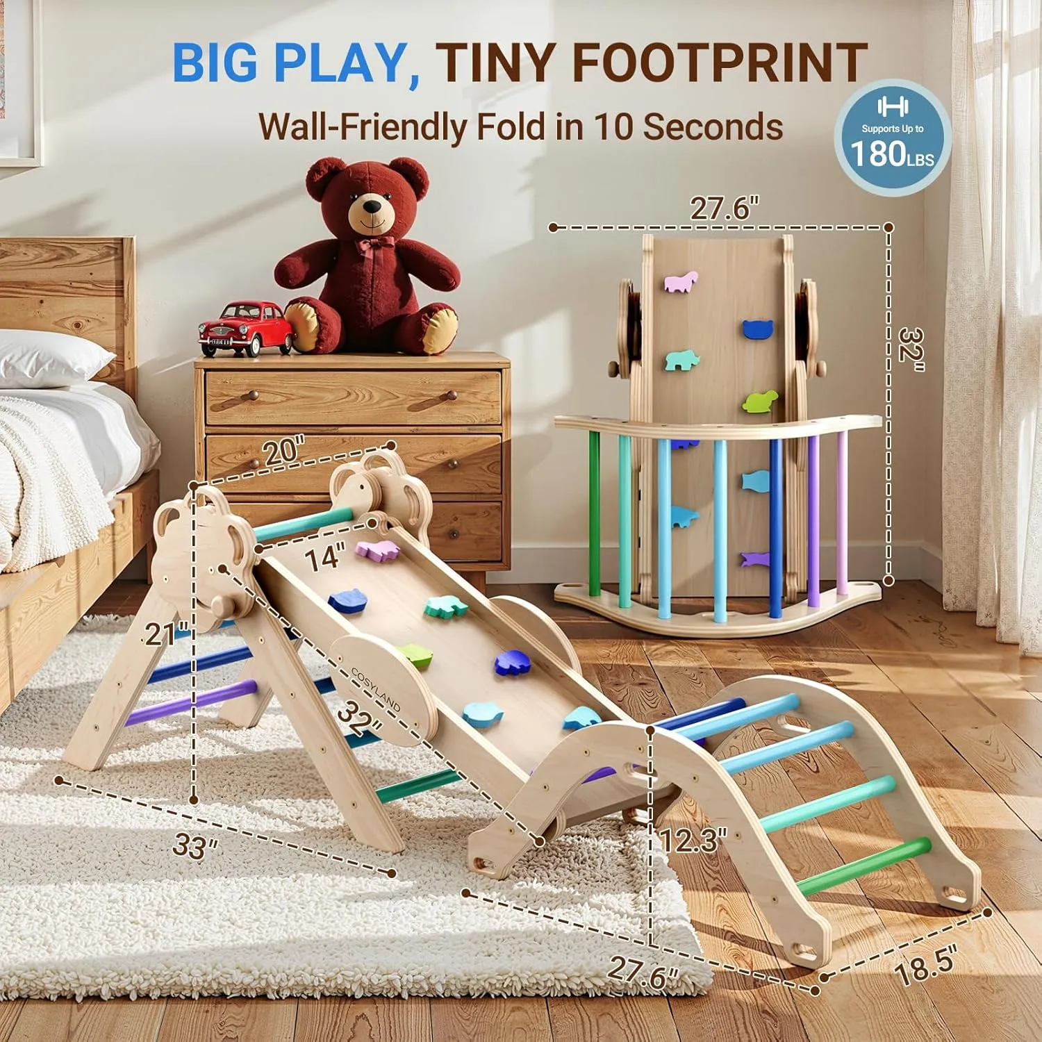 Foldable Wooden Indoor Jungle Gym & Playground with Train Toy & Gift Box$ Anti-Tip$ ASTM Certified$ Cool Tones honeybee crest perceptive COSYLAND Pikler Triangle Set - 8 in 1 Montessori Climbing Toys for Toddlers 18M-3Y$ 