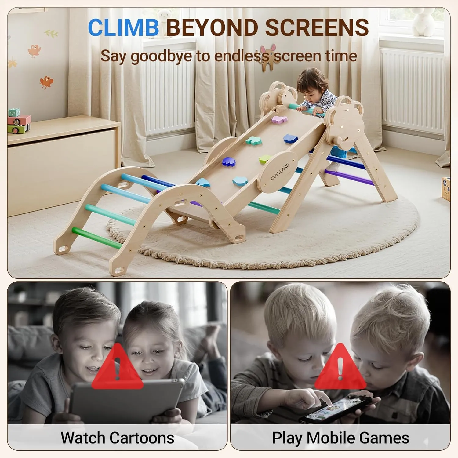 Foldable Wooden Indoor Jungle Gym & Playground with Train Toy & Gift Box$ Anti-Tip$ ASTM Certified$ Cool Tones honeybee crest perceptive COSYLAND Pikler Triangle Set - 8 in 1 Montessori Climbing Toys for Toddlers 18M-3Y$ 