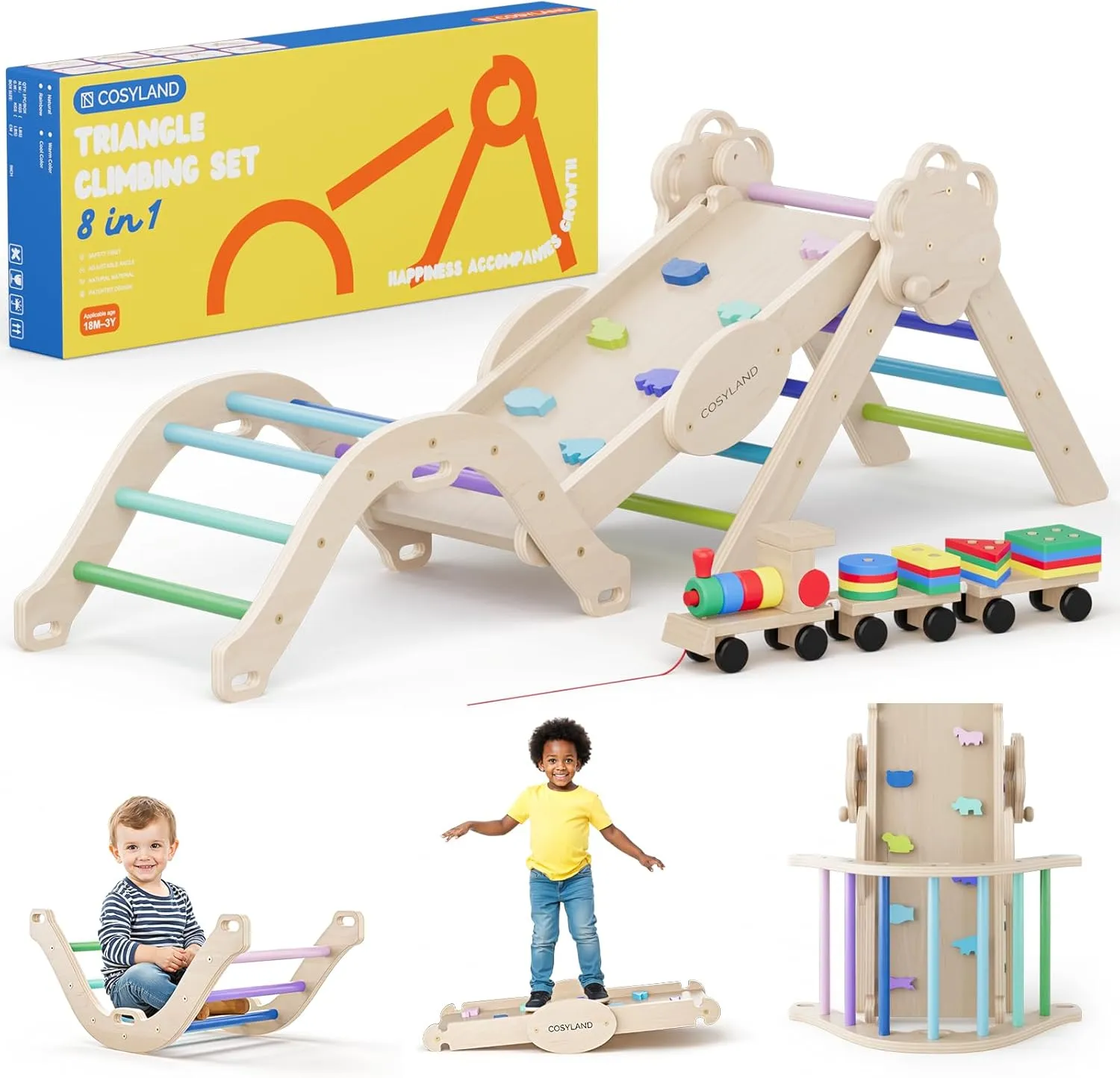 Foldable Wooden Indoor Jungle Gym & Playground with Train Toy & Gift Box$ Anti-Tip$ ASTM Certified$ Cool Tones honeybee crest perceptive COSYLAND Pikler Triangle Set - 8 in 1 Montessori Climbing Toys for Toddlers 18M-3Y$ 