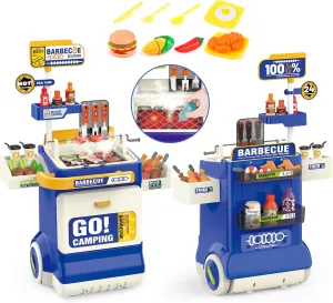 Food BBQ Drill Cooking Game Toys$Indoor&Outdoor Play Grill Cart Toy Gift for Kids Boys Girls Ages 3 (Blue) Kitchen Toys Playset$Kids Barbecue Grill Toy Set with Smoke$ Sound& Light$ Pretend anatomy Americana Play 
