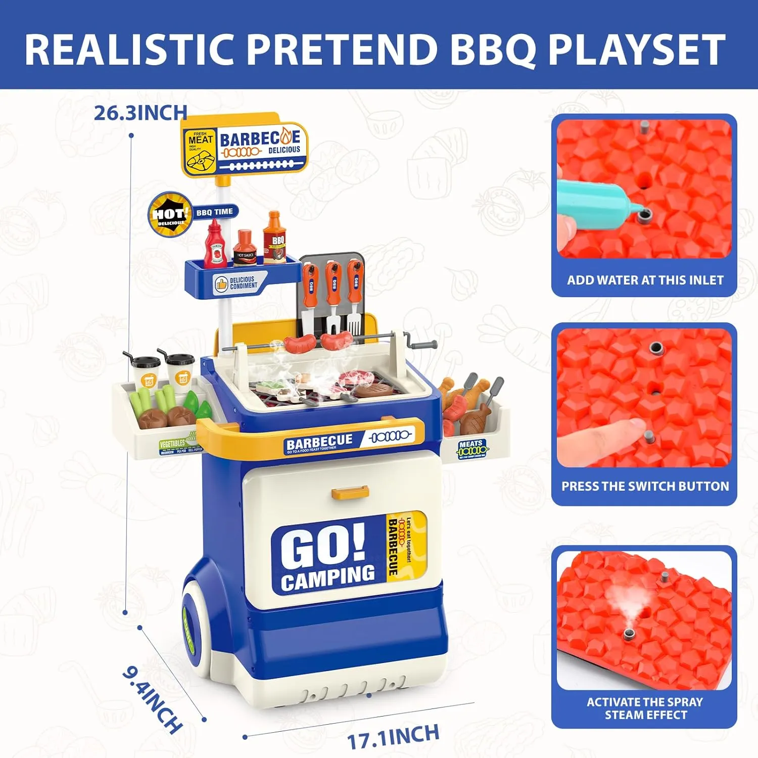 Food BBQ Drill Cooking Game Toys$Indoor&Outdoor Play Grill Cart Toy Gift for Kids Boys Girls Ages 3 (Blue) Kitchen Toys Playset$Kids Barbecue Grill Toy Set with Smoke$ Sound& Light$ Pretend anatomy Americana Play 