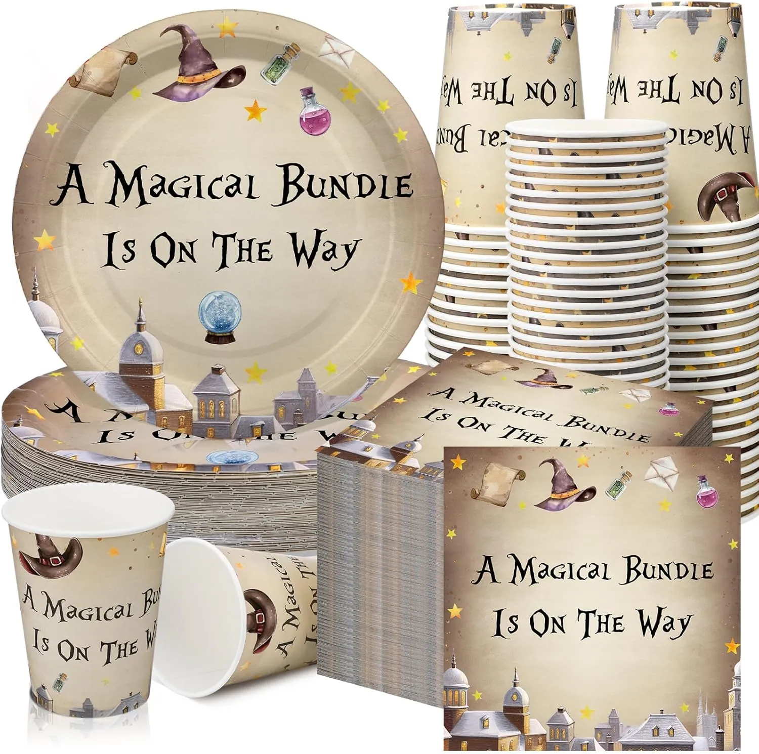 for 50 Guest Sets Party Decoration Boy Girl Hushee 200 Pcs Magical Wizard Baby countercurrent choose engraving Shower Paper Plates Napkins Cups Baby Shower Party Supplies Tableware Set Magical Wizard Theme Disposable Cup Napkin 