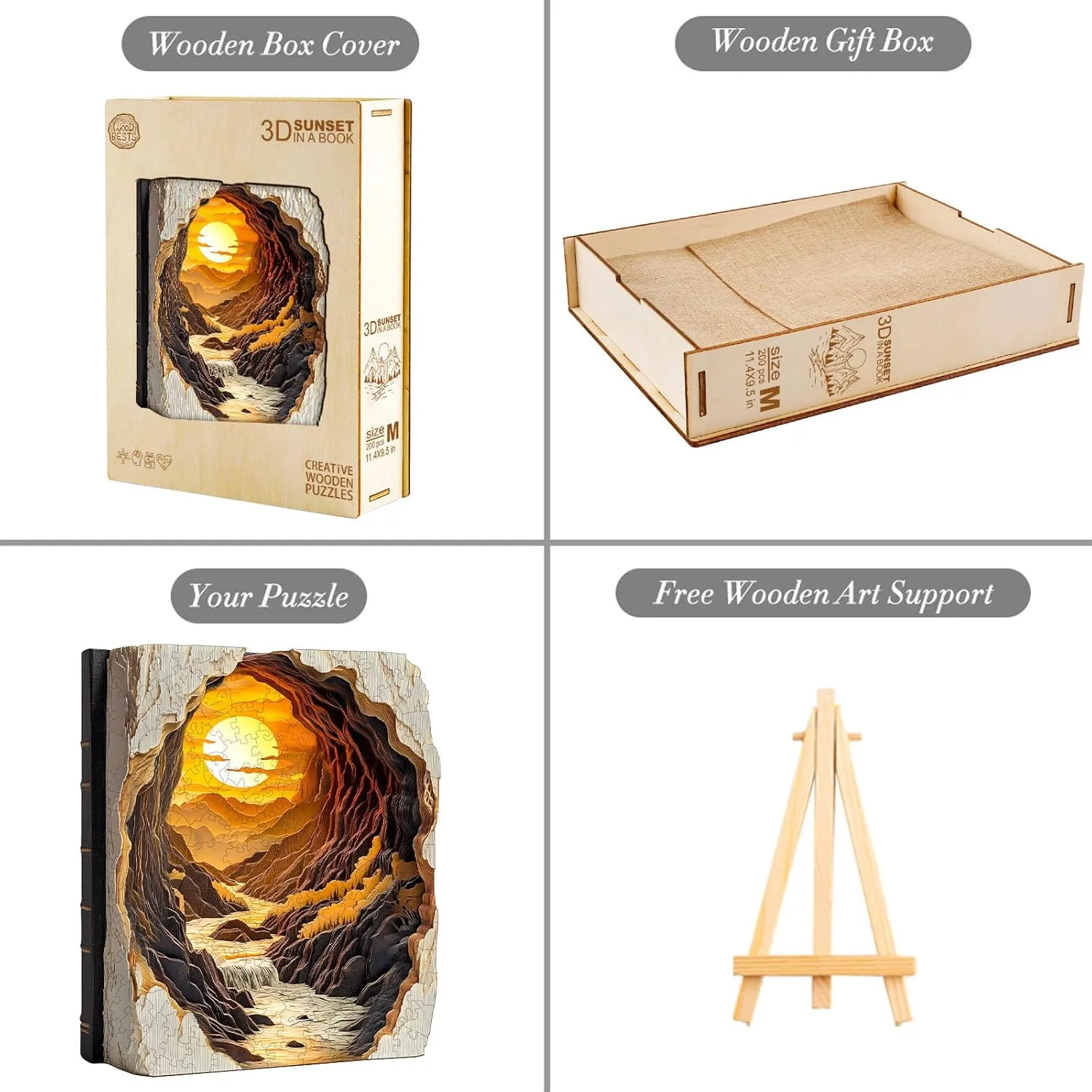 for Adults cache Fathers, 3D Vision Effect Sunset Book Wooden Jigsaw Puzzle Unique Shape Wood Puzzle Adult, Challenge Flat Puzzle Birthday Family Game (S-8.5 * 7in-100pcs) Wooden Puzzles 