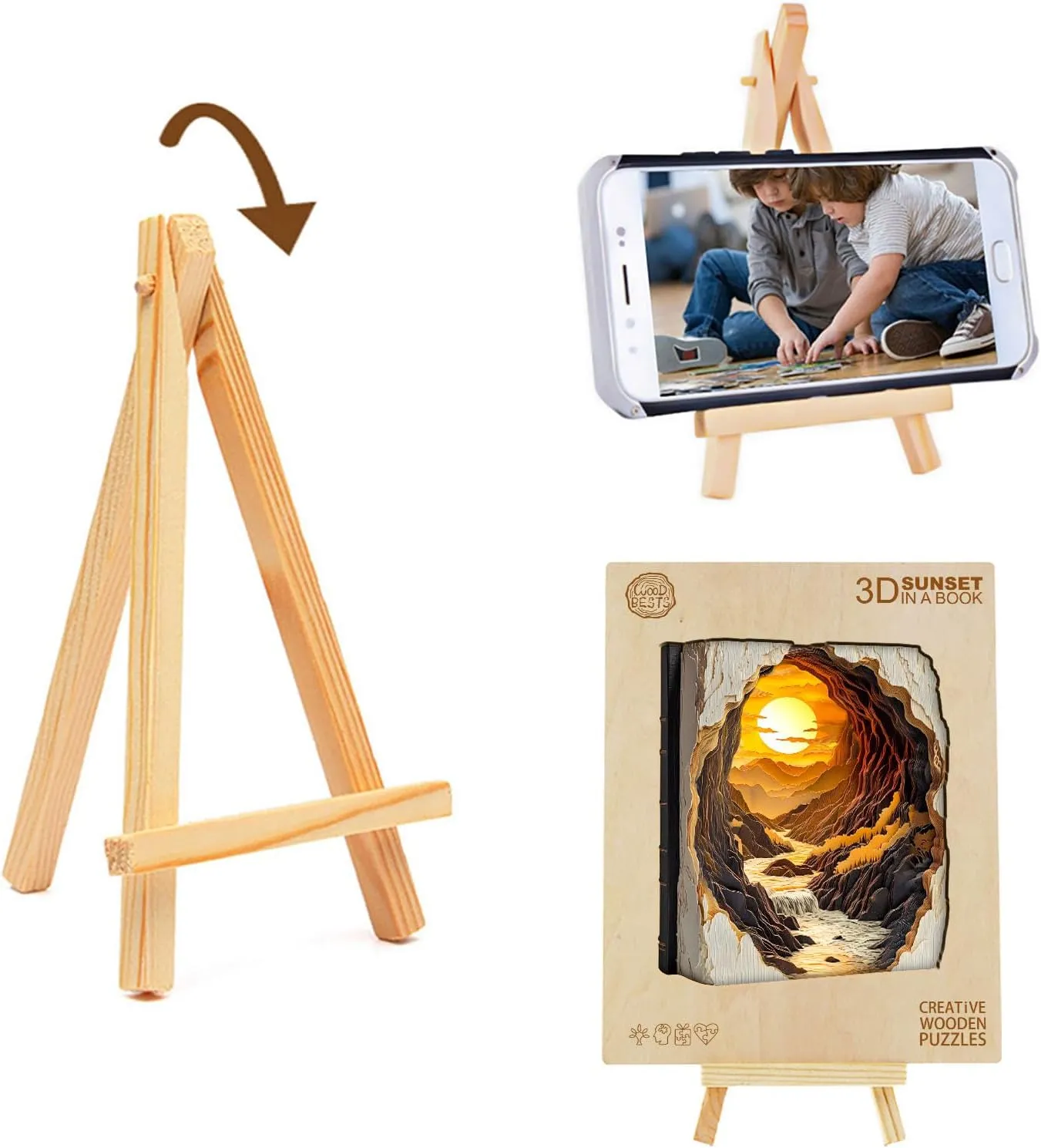 for Adults cache Fathers, 3D Vision Effect Sunset Book Wooden Jigsaw Puzzle Unique Shape Wood Puzzle Adult, Challenge Flat Puzzle Birthday Family Game (S-8.5 * 7in-100pcs) Wooden Puzzles 