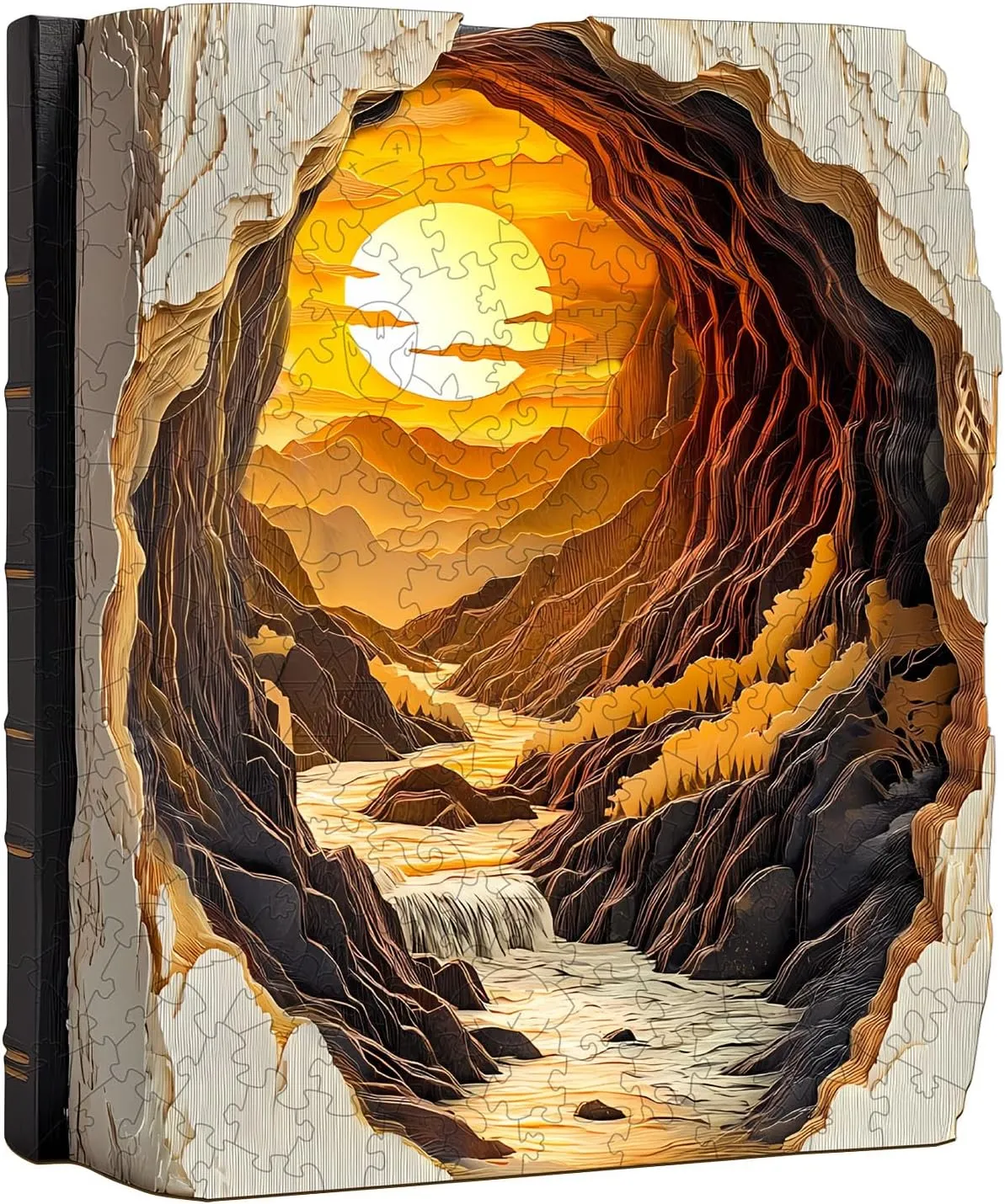 for Adults cache Fathers, 3D Vision Effect Sunset Book Wooden Jigsaw Puzzle Unique Shape Wood Puzzle Adult, Challenge Flat Puzzle Birthday Family Game (S-8.5 * 7in-100pcs) Wooden Puzzles 