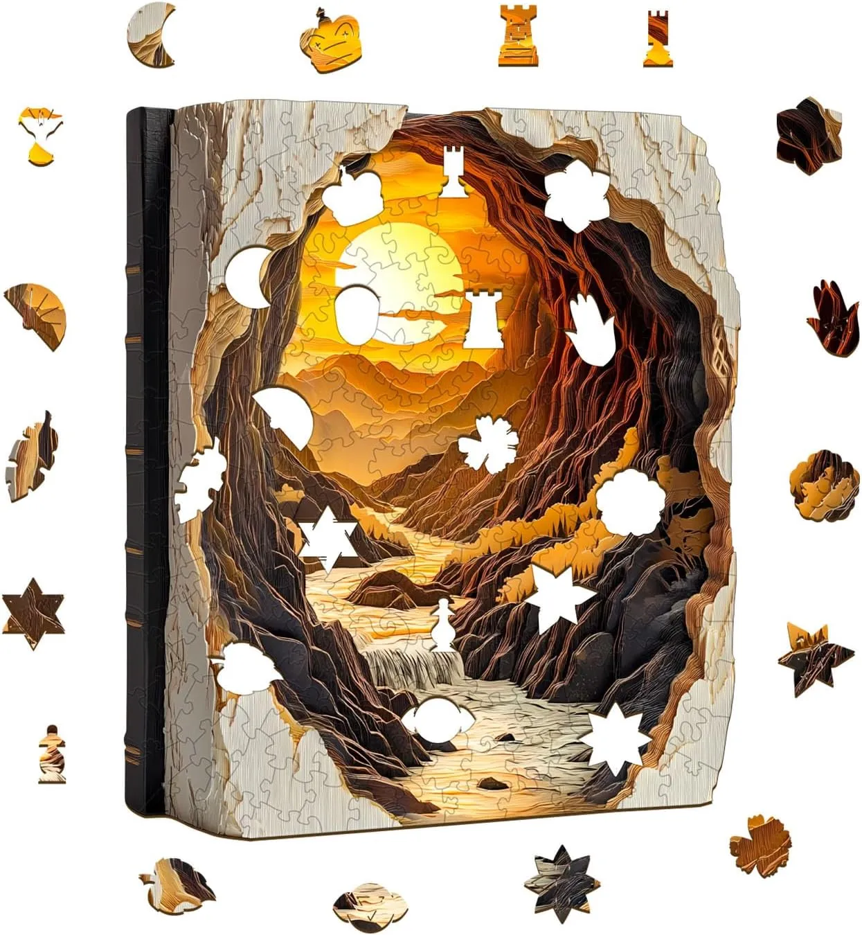 for Adults cache Fathers, 3D Vision Effect Sunset Book Wooden Jigsaw Puzzle Unique Shape Wood Puzzle Adult, Challenge Flat Puzzle Birthday Family Game (S-8.5 * 7in-100pcs) Wooden Puzzles 