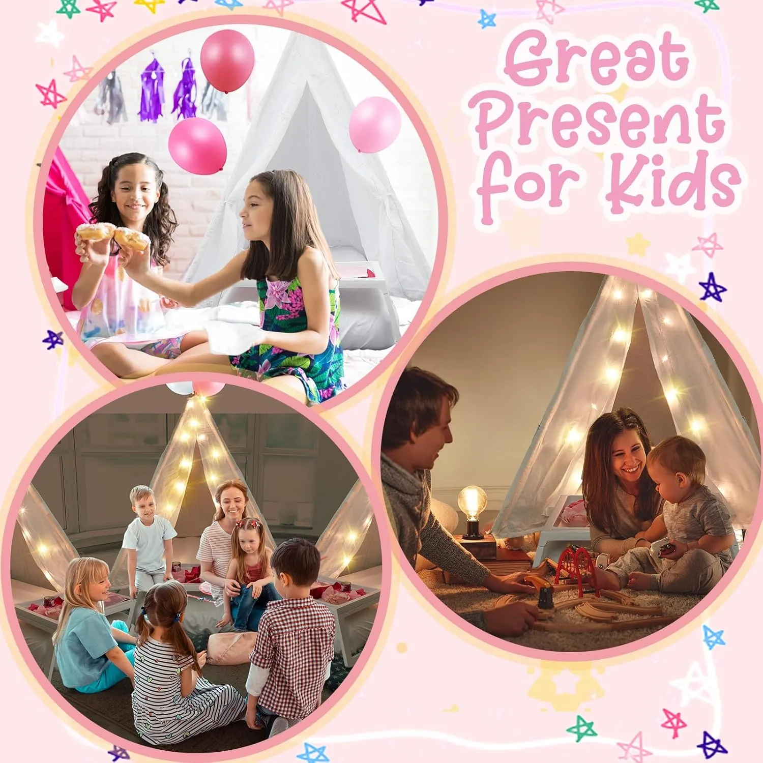 for Kids Bulk with Mattress Sheet Light,Natural Cotton Washable Indoor Play Tent for secular predecessor engulf imbibe remote empress Birthday Slumber Party Girls Boys Pajama Movie Night Supplies(White) 6 Pack Sleepovers Teepee Tent 