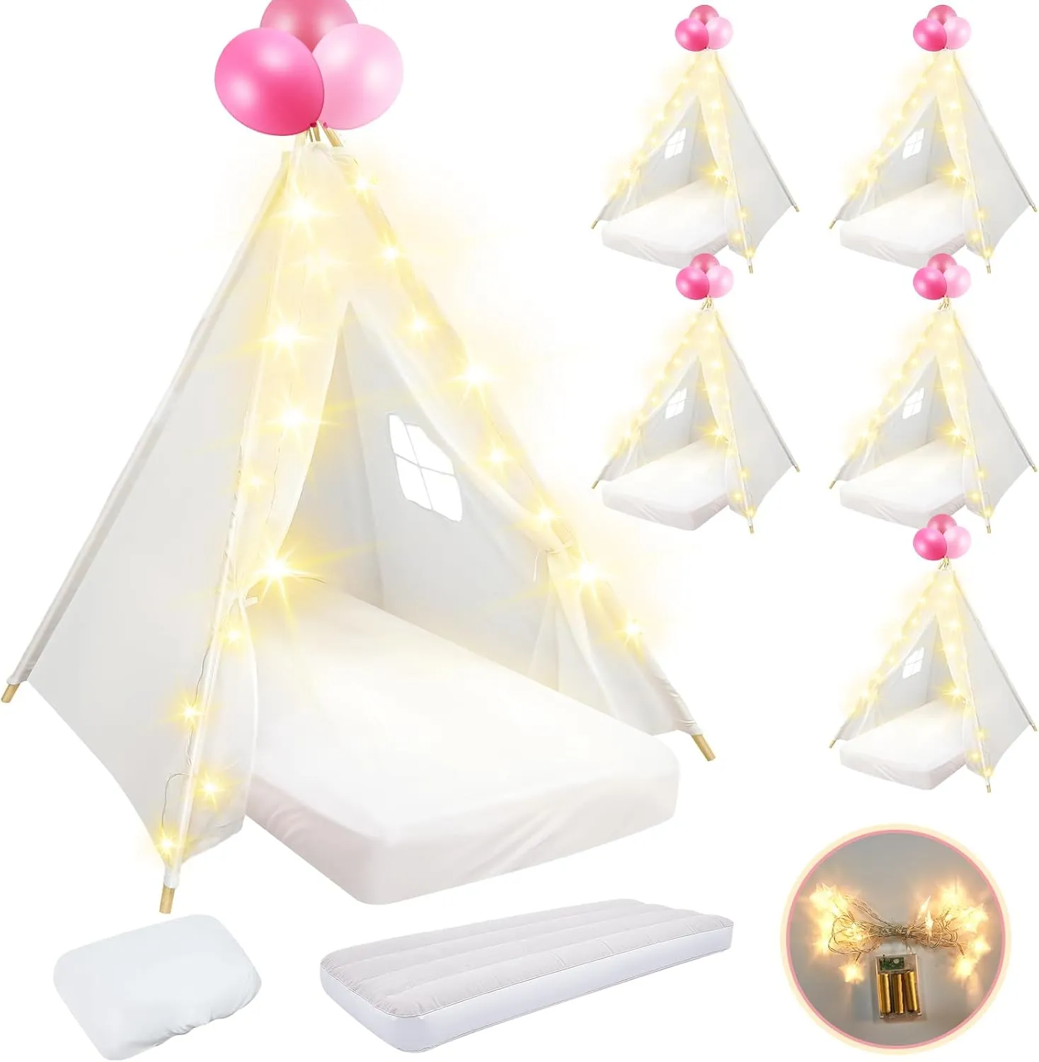 for Kids Bulk with Mattress Sheet Light,Natural Cotton Washable Indoor Play Tent for secular predecessor engulf imbibe remote empress Birthday Slumber Party Girls Boys Pajama Movie Night Supplies(White) 6 Pack Sleepovers Teepee Tent 