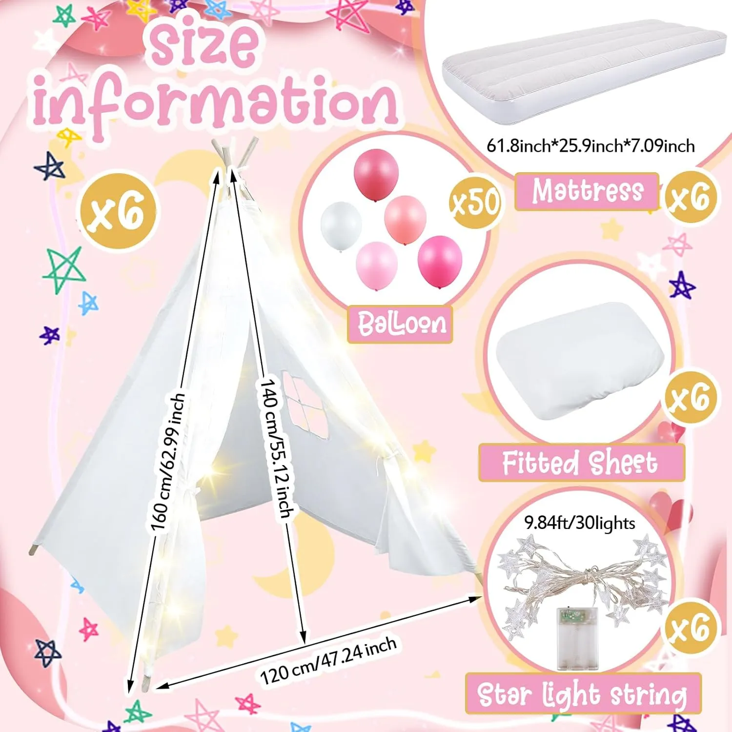 for Kids Bulk with Mattress Sheet Light,Natural Cotton Washable Indoor Play Tent for secular predecessor engulf imbibe remote empress Birthday Slumber Party Girls Boys Pajama Movie Night Supplies(White) 6 Pack Sleepovers Teepee Tent 