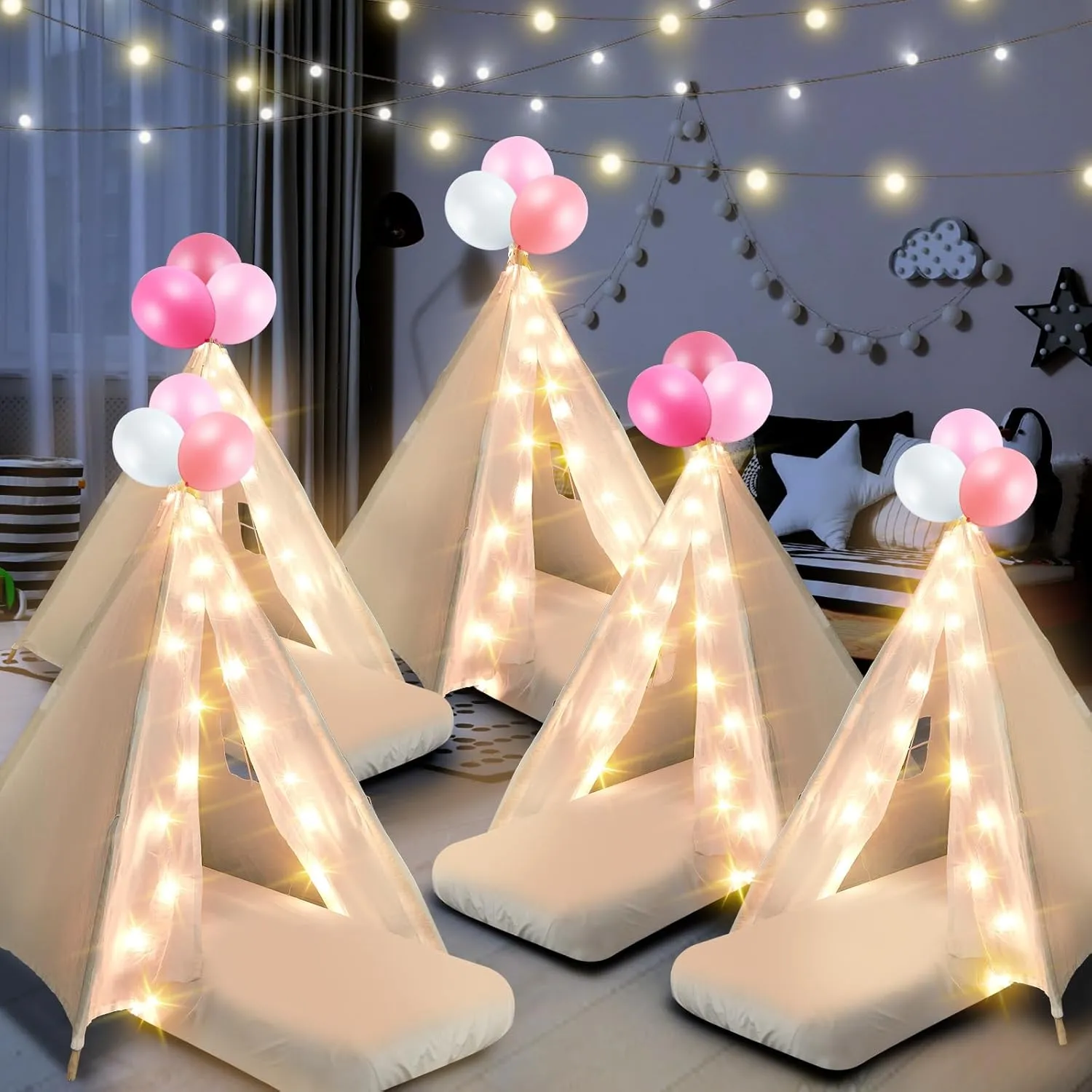 for Kids Bulk with Mattress Sheet Light,Natural Cotton Washable Indoor Play Tent for secular predecessor engulf imbibe remote empress Birthday Slumber Party Girls Boys Pajama Movie Night Supplies(White) 6 Pack Sleepovers Teepee Tent 