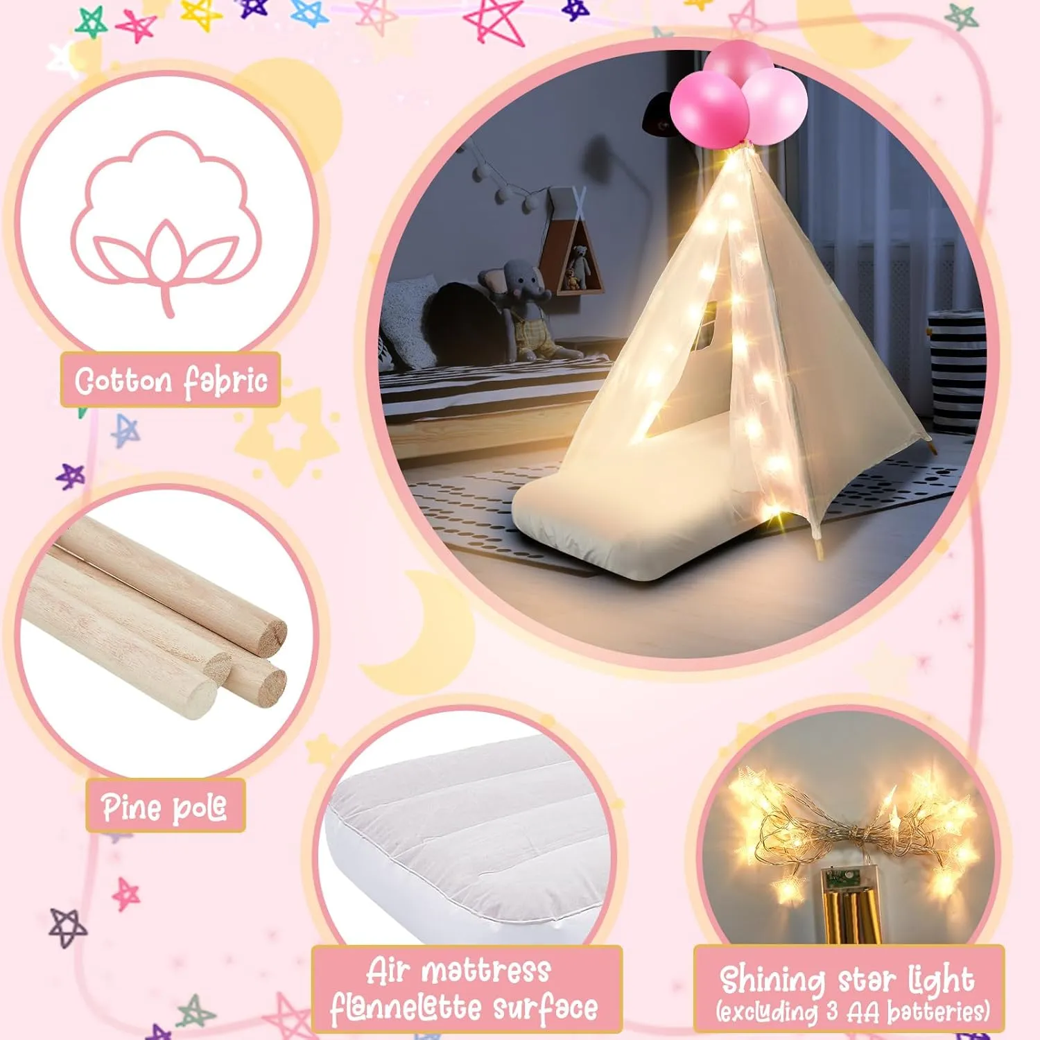 for Kids Bulk with Mattress Sheet Light,Natural Cotton Washable Indoor Play Tent for secular predecessor engulf imbibe remote empress Birthday Slumber Party Girls Boys Pajama Movie Night Supplies(White) 6 Pack Sleepovers Teepee Tent 