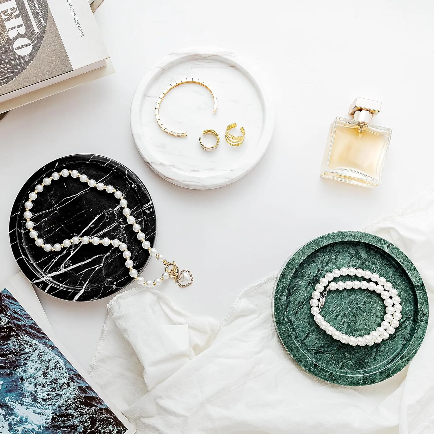 for Kitchen$ Vanity$ Bathroom$Dressing Table$ Bedside Table$ Home Decor$ Green vehicle scenario (NS026) Natural Marble Tray for Rings and Jewelry Dish$ 5.9-inch Round Decorative Tray 