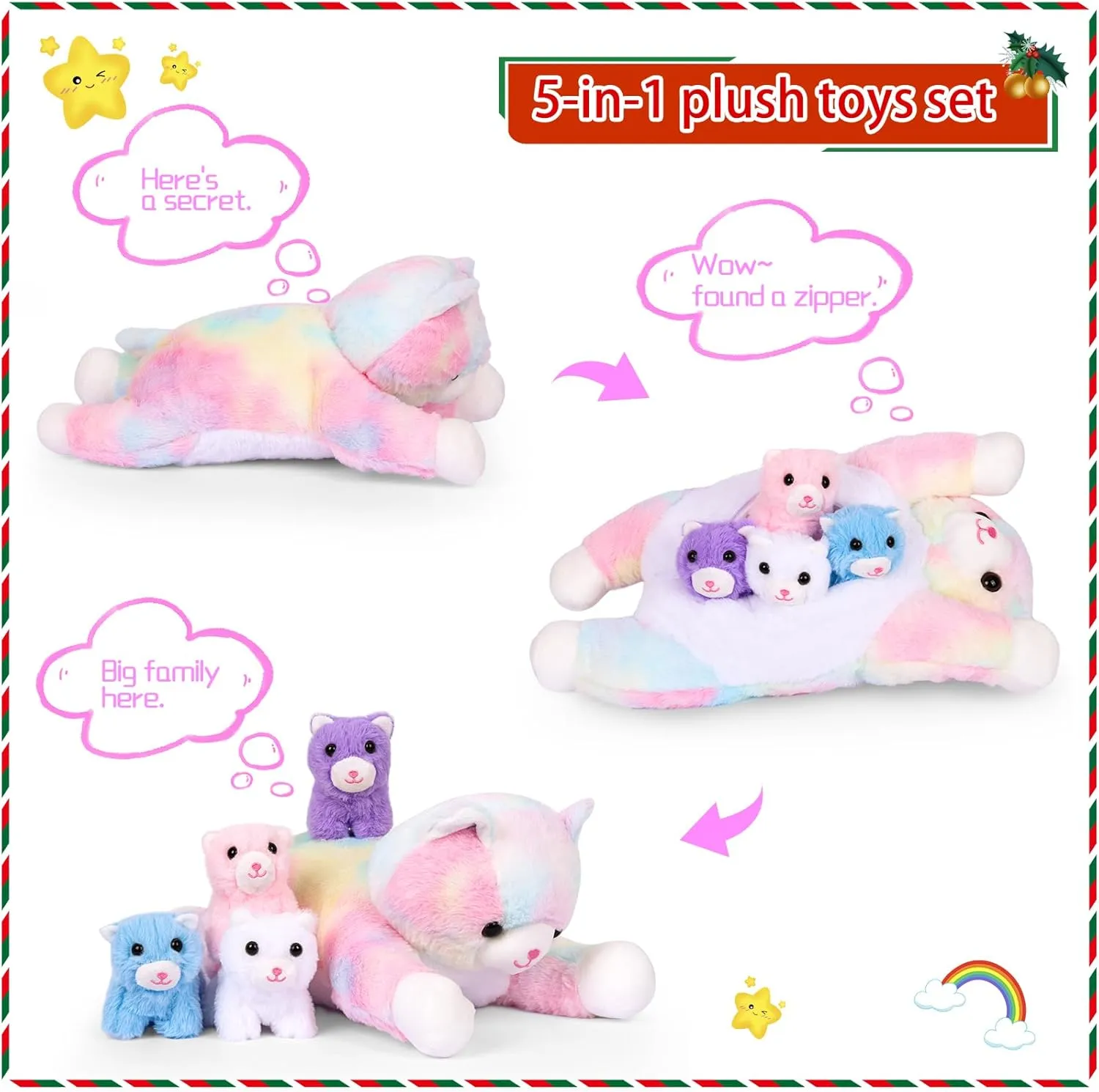 for Toddler 5 Pieces exploit adoption pinch alive tender cavendish Cat Stuffed Animals for Girls, 1 Big Colorful Mommy Cat with 4 Mini Kittens, Soft Plush Toys for Kids Age 3 and Up, Great Gifts 
