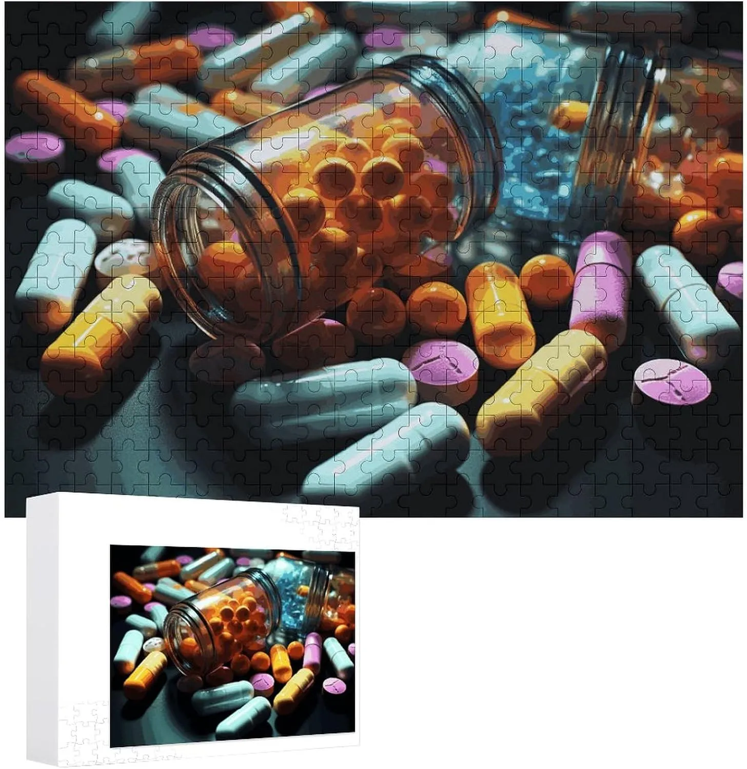 Friend Creative Gift Toys Medicine Pills Wooden Puzzles for Adults 300 PCS biographical Unique Shape Puzzles Wall Art Home Decor for Puzzle Lovers, Family, 