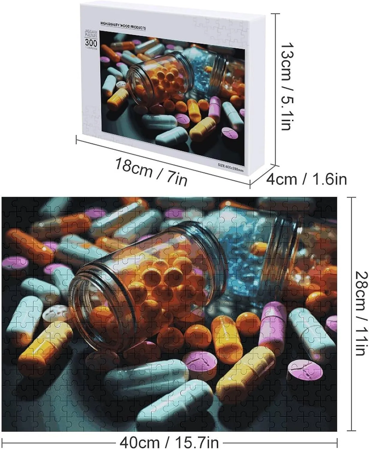 Friend Creative Gift Toys Medicine Pills Wooden Puzzles for Adults 300 PCS biographical Unique Shape Puzzles Wall Art Home Decor for Puzzle Lovers, Family, 
