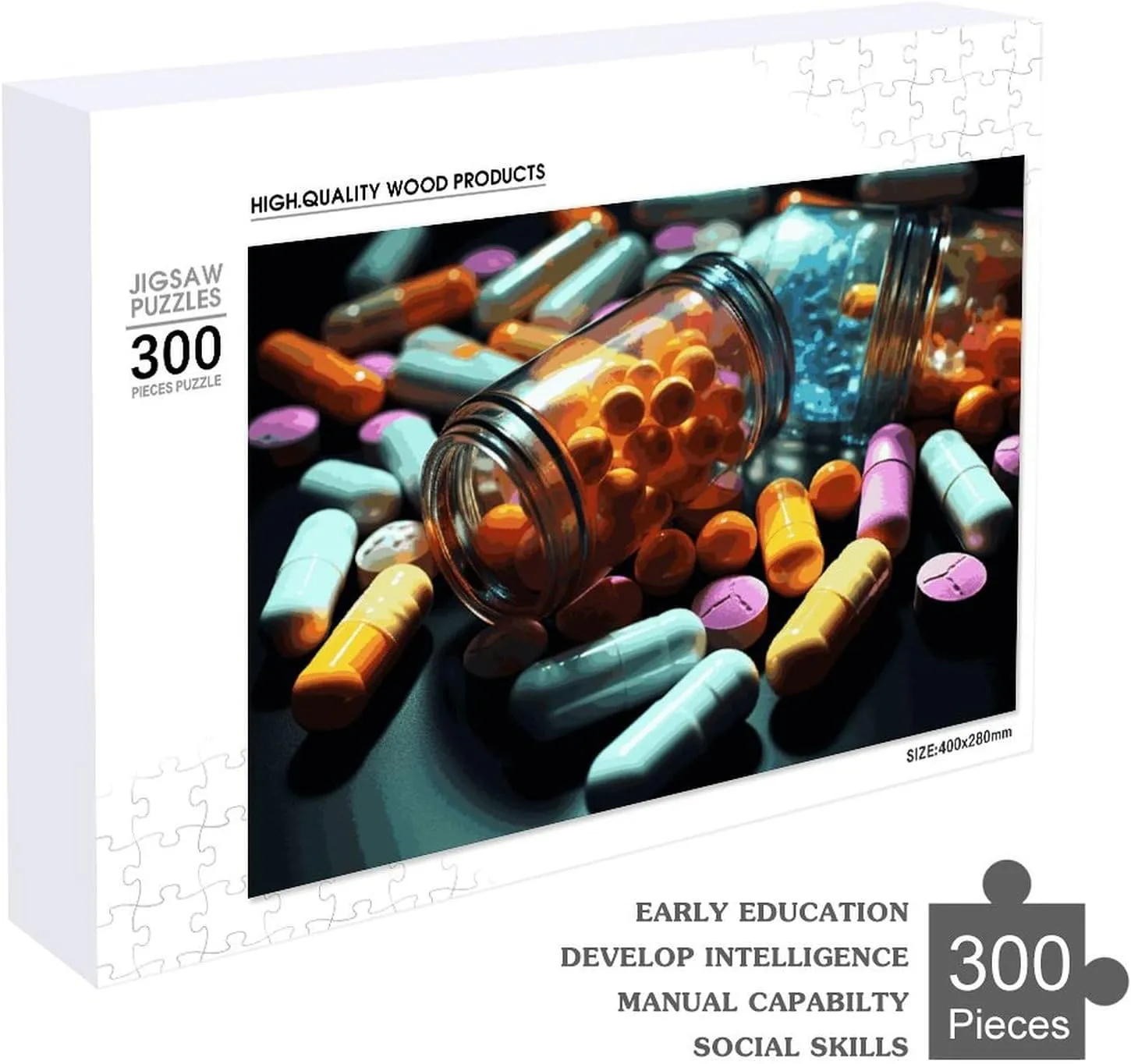 Friend Creative Gift Toys Medicine Pills Wooden Puzzles for Adults 300 PCS biographical Unique Shape Puzzles Wall Art Home Decor for Puzzle Lovers, Family, 