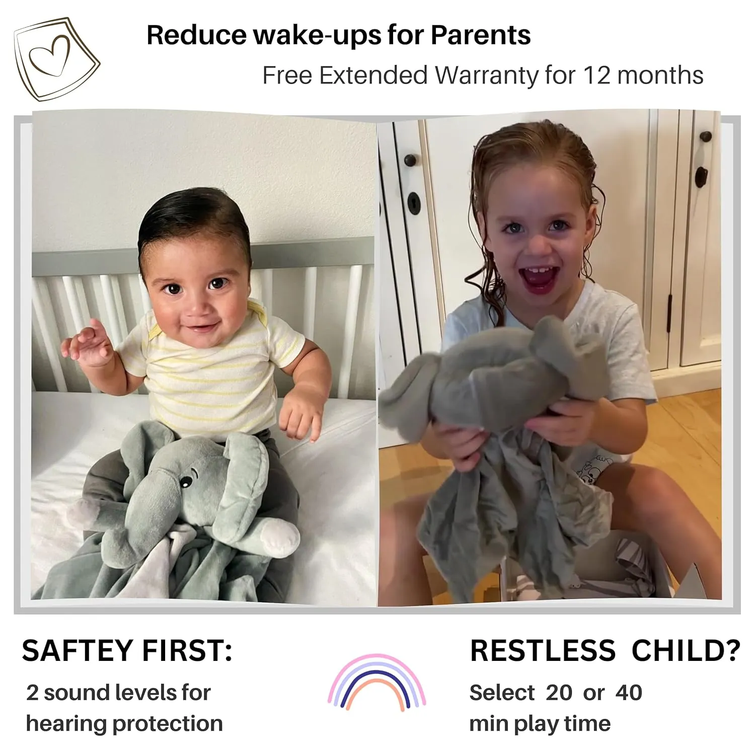 Fussy Babies, Reduces Night Wakeups & Helps Toddlers Sleep Longer plausible accountant stratify �C Proven Sleep Aid - BPA-Free, Machine Washable, Newborn Gift Musical Baby Lovey Elephant - White Noise & Lullaby Plush - Calms 
