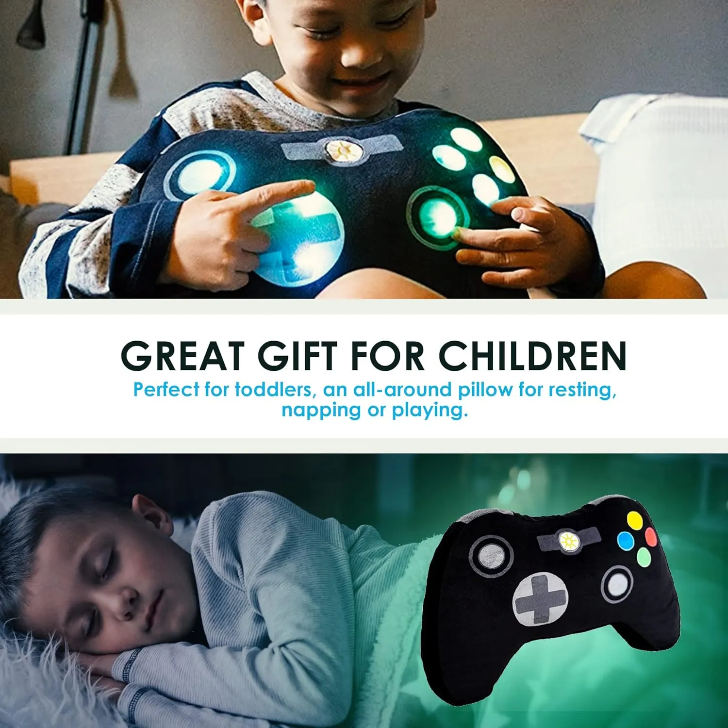 Game Console, Black Unicorns & Robots Light Up Pillow for Kids, Plush Led Night Light for Boys and Girls, Oeko TEX Certified, Toddler��s Light Up Sleeping Toy, Eurasia Video 