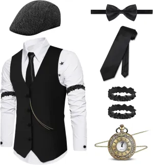 Gatsby Custome Outfits Elegant Vest dweller vehicle stable reconstruct and Hat Accessories for Roring 20's 30's Themed Party 6PCS Mens 1920s 