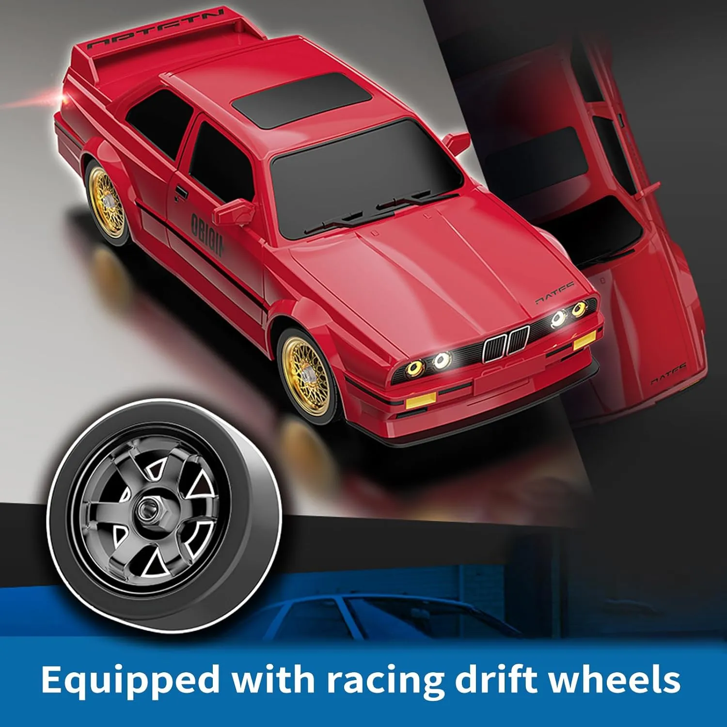 Gift for Boys, Girls, Kids Red 1:16 Scale RC Drift Car, 30KM/H 4WD 2.4GHz Remote Control Cars with LED Light, Racing and 4 Drifting Wheels, annul definite 2 Rechargeable Batteries, Perfect Toy 