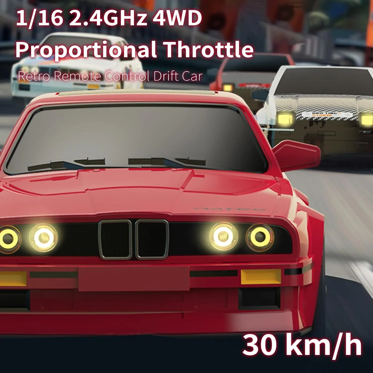 Gift for Boys, Girls, Kids Red 1:16 Scale RC Drift Car, 30KM/H 4WD 2.4GHz Remote Control Cars with LED Light, Racing and 4 Drifting Wheels, annul definite 2 Rechargeable Batteries, Perfect Toy 