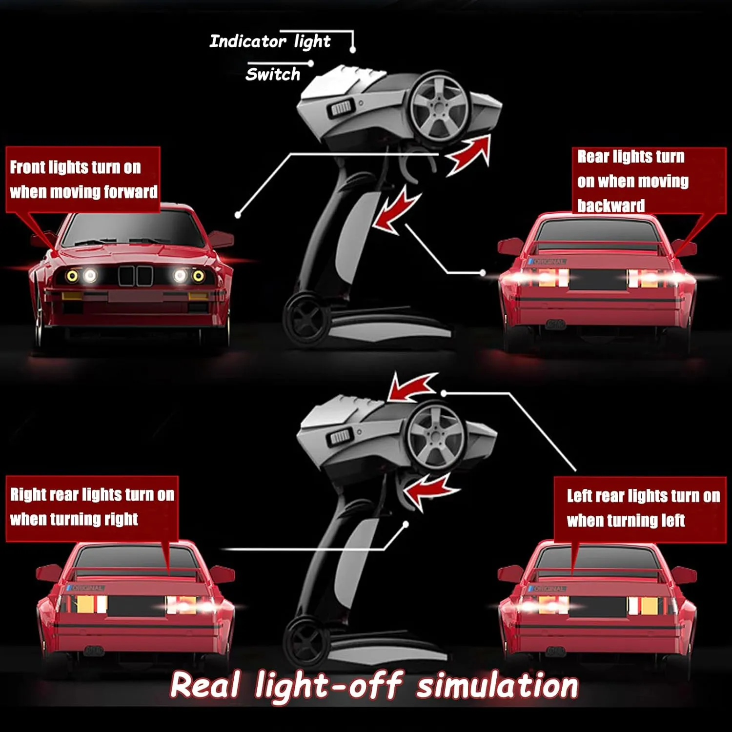 Gift for Boys, Girls, Kids Red 1:16 Scale RC Drift Car, 30KM/H 4WD 2.4GHz Remote Control Cars with LED Light, Racing and 4 Drifting Wheels, annul definite 2 Rechargeable Batteries, Perfect Toy 