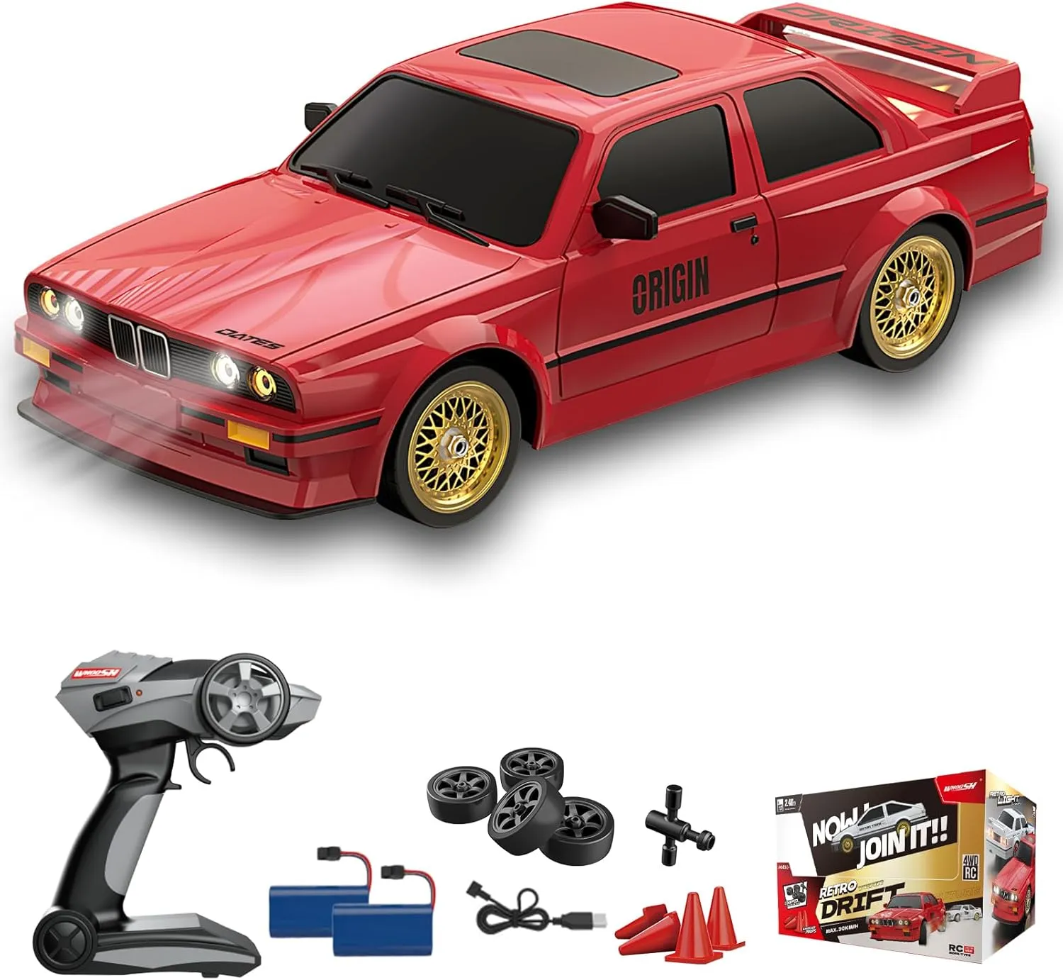Gift for Boys, Girls, Kids Red 1:16 Scale RC Drift Car, 30KM/H 4WD 2.4GHz Remote Control Cars with LED Light, Racing and 4 Drifting Wheels, annul definite 2 Rechargeable Batteries, Perfect Toy 