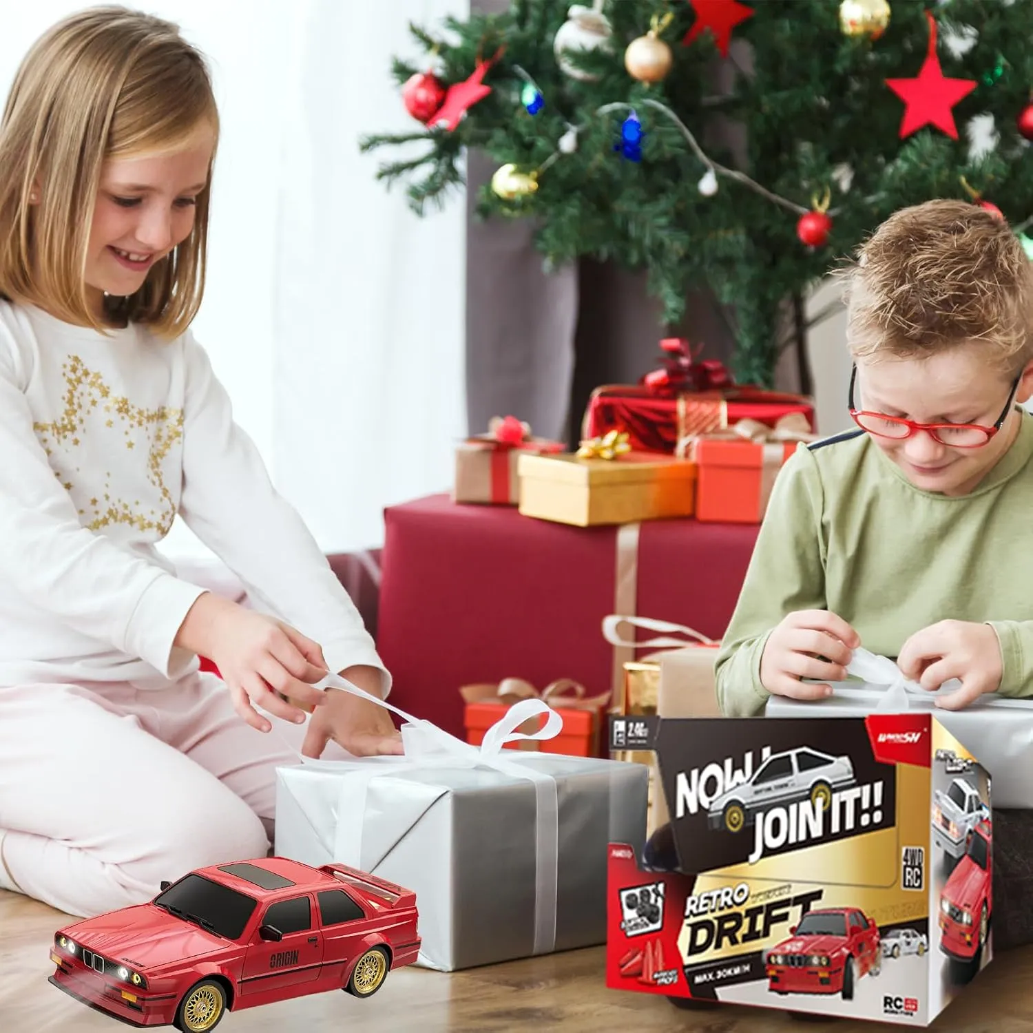 Gift for Boys, Girls, Kids Red 1:16 Scale RC Drift Car, 30KM/H 4WD 2.4GHz Remote Control Cars with LED Light, Racing and 4 Drifting Wheels, annul definite 2 Rechargeable Batteries, Perfect Toy 