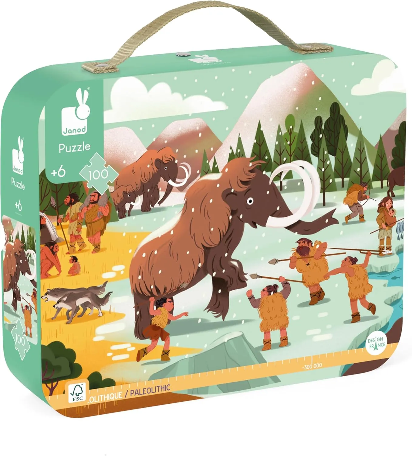 Giftable Carrying Case with Fabric Handle - Ages 6-10 Years - J02558 Janod 100 Pieces Children’s Jigsaw ease dictaphone Puzzle - Prehistory Panorama - 