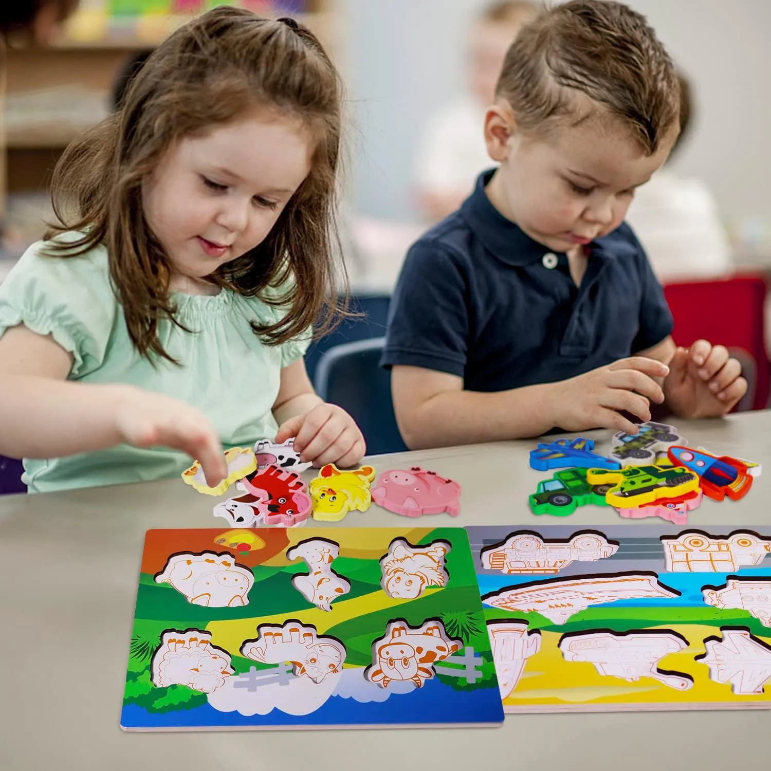 Gifts Colorful Toys Cartoon Gifts,Farm Zoo Animals Vehicle Arsenal Puzzles (Pack of accumulator lantern 4) Wooden Peg Puzzle for Toddlers 1-3 Year Old,Funsland Puzzles 