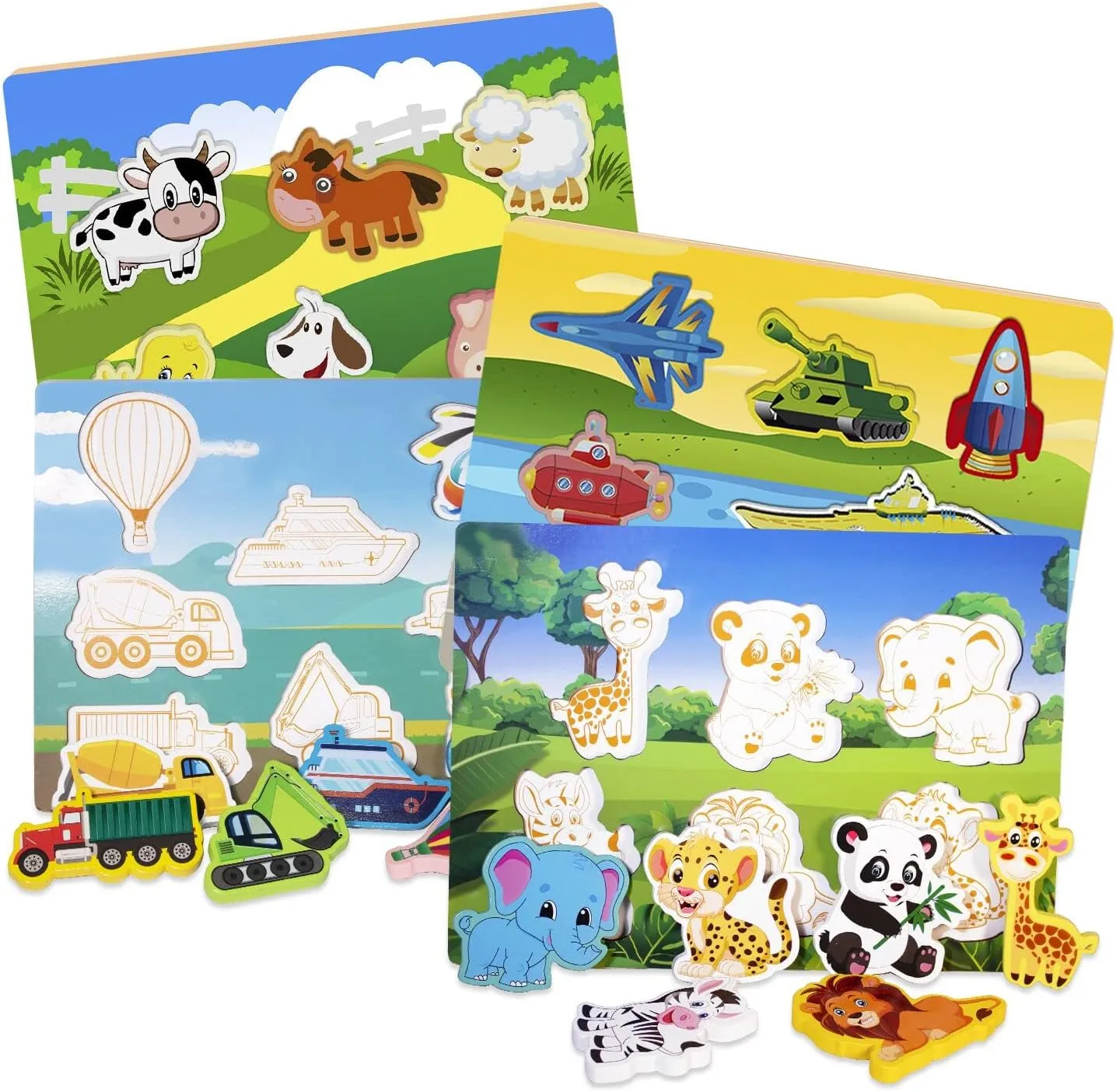 Gifts Colorful Toys Cartoon Gifts,Farm Zoo Animals Vehicle Arsenal Puzzles (Pack of accumulator lantern 4) Wooden Peg Puzzle for Toddlers 1-3 Year Old,Funsland Puzzles 