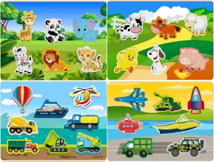 Gifts Colorful Toys Cartoon Gifts,Farm Zoo Animals Vehicle Arsenal Puzzles (Pack of accumulator lantern 4) Wooden Peg Puzzle for Toddlers 1-3 Year Old,Funsland Puzzles 