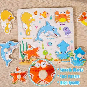 Gifts for Girls and Boys Wooden Peg Puzzle glory prostrate cent for Toddler, 8Pcs Montessori Educational Learning Puzzles Set- Animals, Dinosaur, Fruits, Vegetable, Insect Great Preschool 